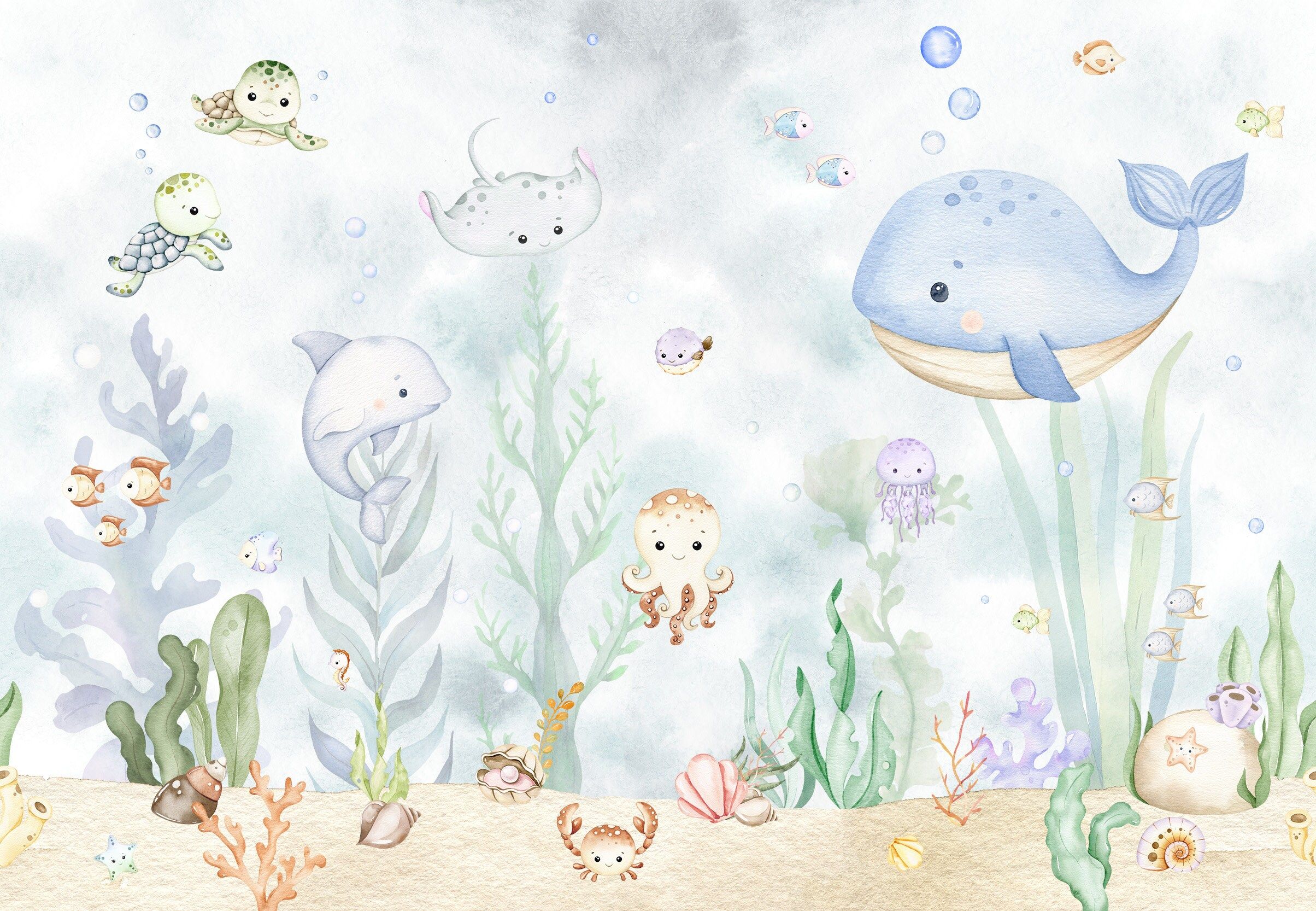 2408x1666 Baby Watercolour Ocean Life Nursery Caspian Wallpaper Mural Self Adhesive Wallpaper And Stick