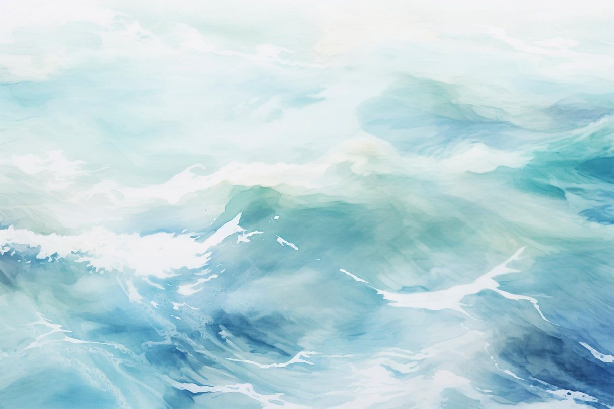 1214x809 Watercolor Mural Wallpaper. Serene Ocean Waves Design
