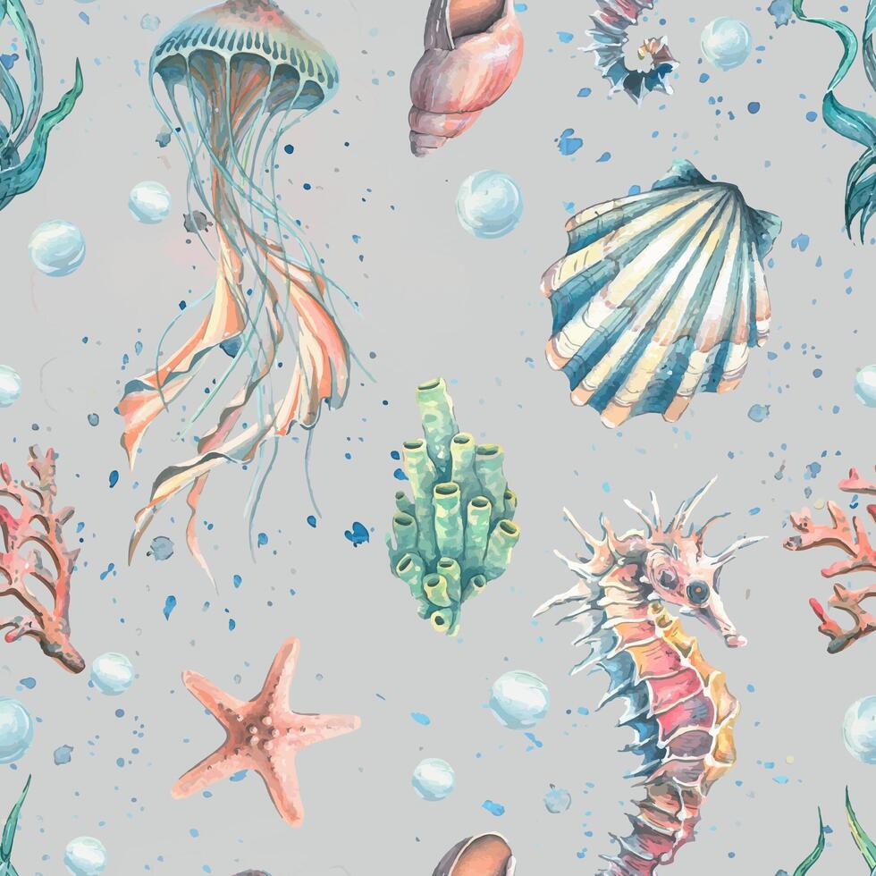 980x980 Watercolor illustration pattern starfish, shells, corals, jellyfish, seahorse, water, sea, ocean. Simple childish gentle Fabrics textiles wallpaper paper background