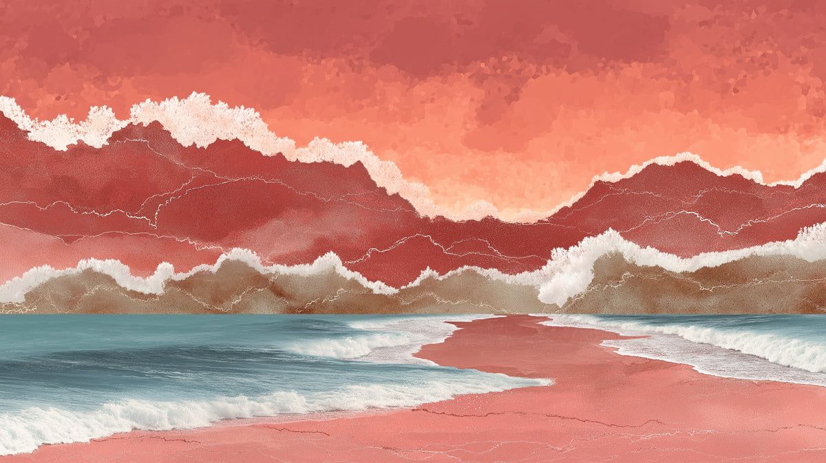 1200x673 Surreal Coastal Mural Wallpaper. Abstract Pink Beach and Ocean