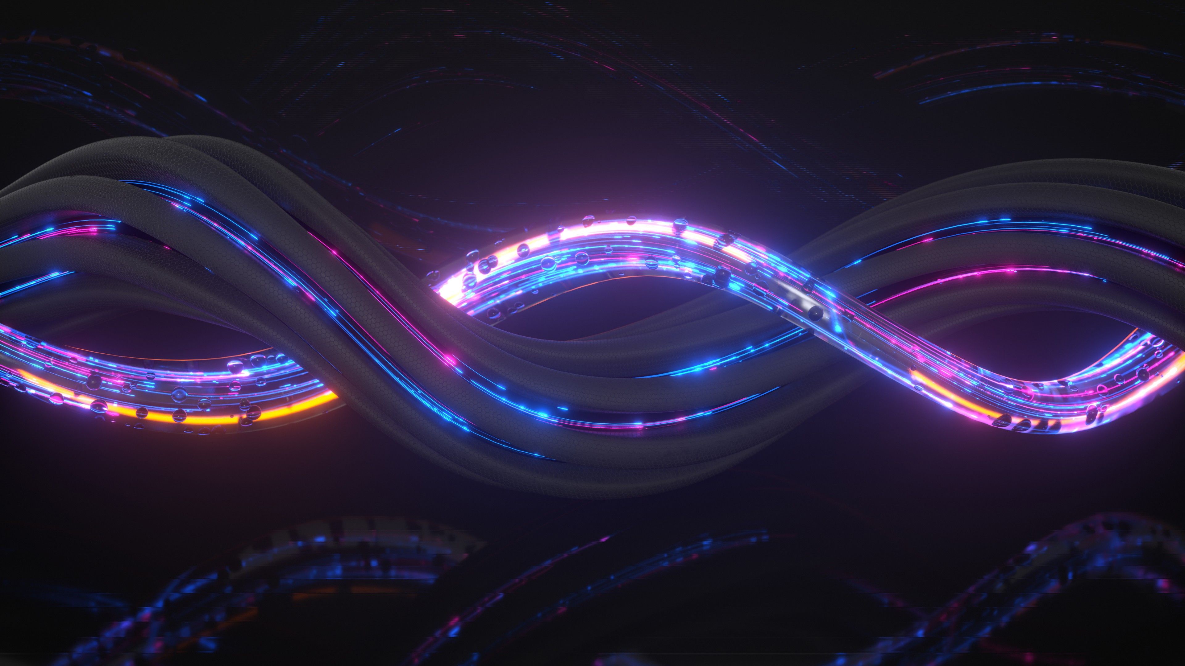 3840x2160 Blue Black White Neon Lights Wavy Lines Abstraction 4K HD Abstract Wallpaper