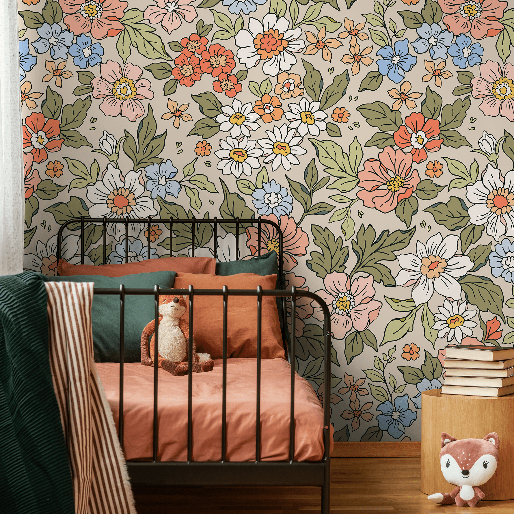 1780x1780 Floral Wallpaper Featuring a Retro Flower Meadow in Coral, Blue, and Green SAMPLE (24w x 24h) / Canvas: Peel and Stick