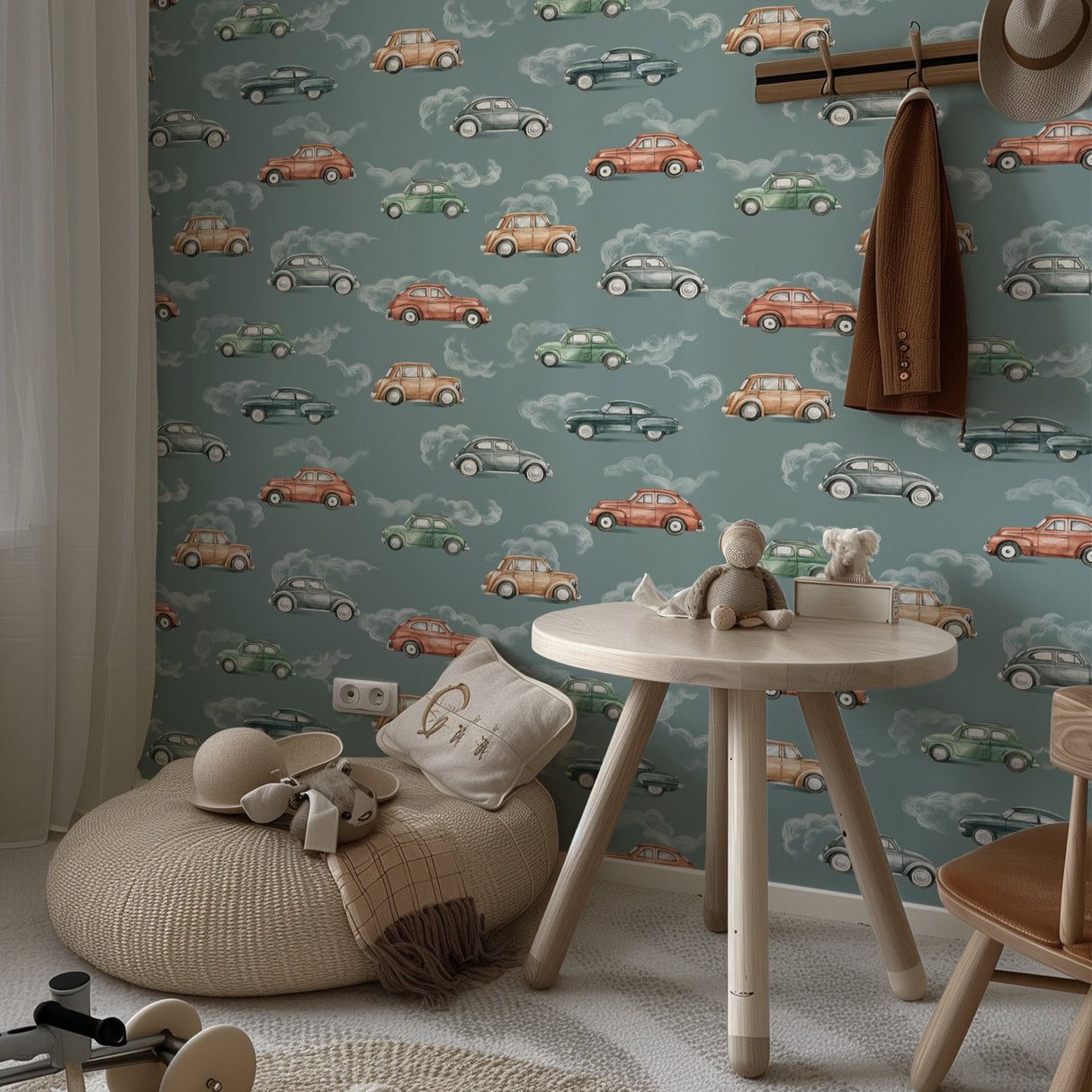 1214x1214 Retro Vintage Cars Kids Wallpaper in Sea Blue. EazzyWalls 24''W x 75''H / Canvas Peel & Stick