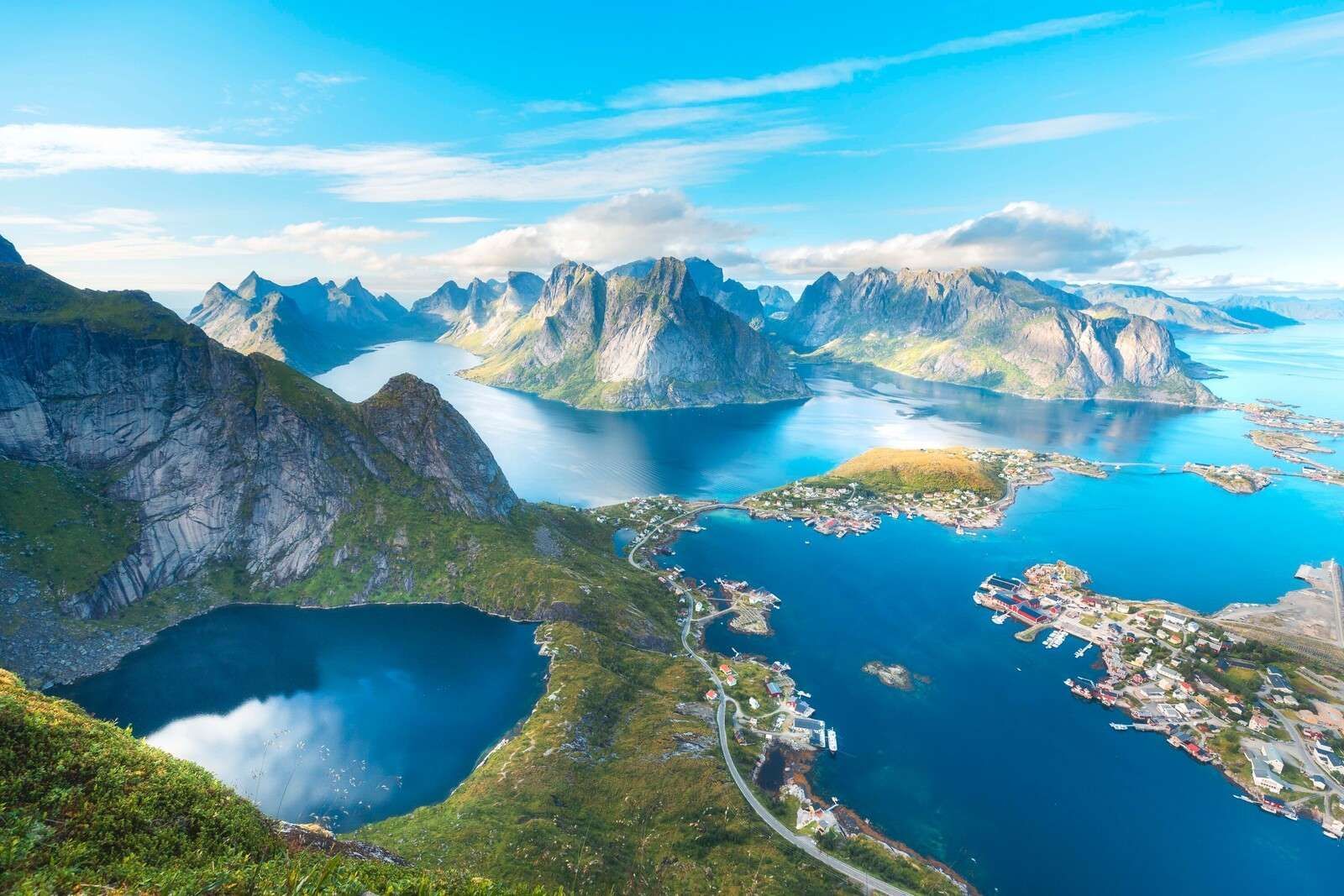 1600x1067 Wallpaper Mural lake and fjord village in sunlight