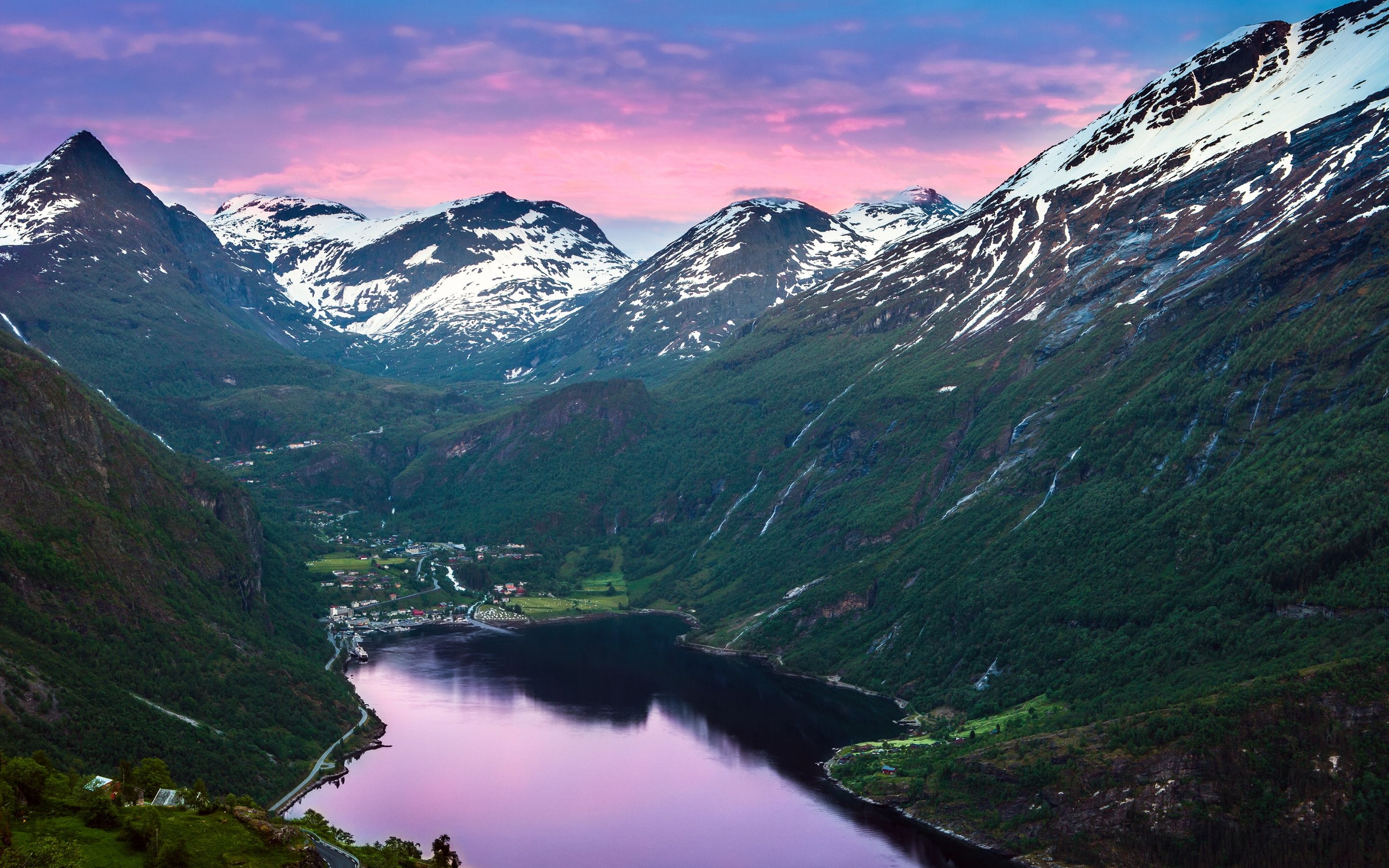 2880x1800 Geiranger Fjord Wallpaper 4K, Norway, Valley, Village, Sunset