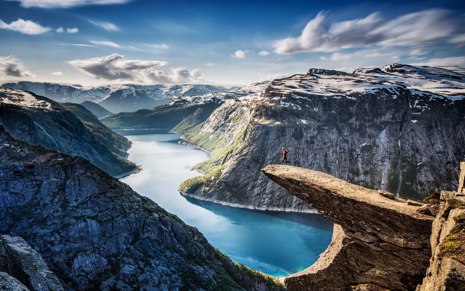 1920x1200 nature, Landscape, Fjord, Norway, Canyon, Cliff, Snow, Mountain, Clouds, Turquoise, Water, Jumping, Morning Wallpaper HD / Desktop and Mobile Background