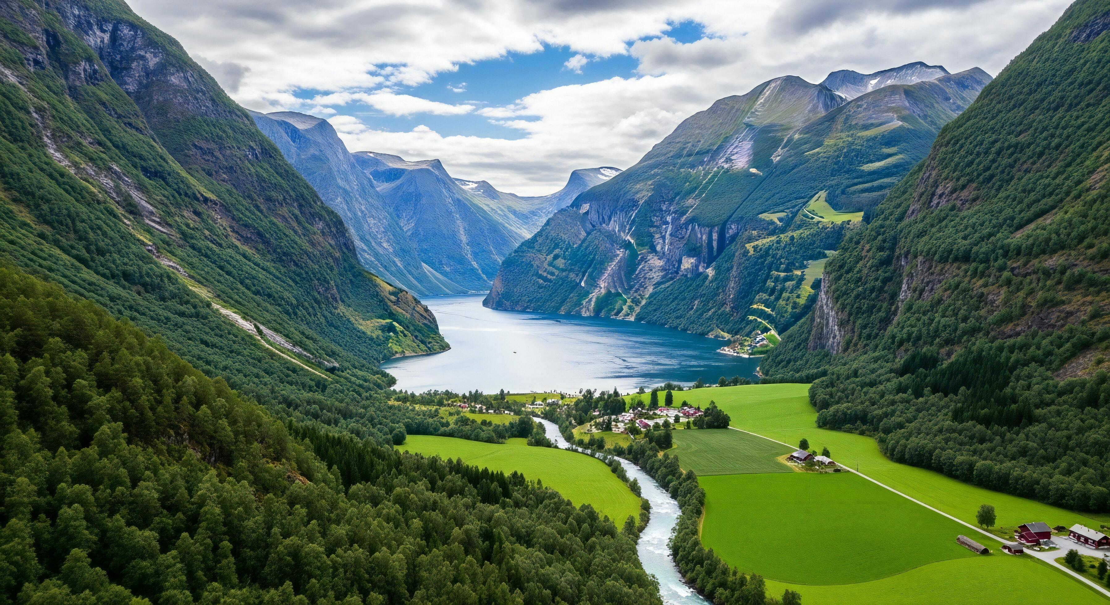 3593x1960 Nature background, Nature wallpaper, Expansive Norwegian fjord landscape with steep green mountains a winding river and a small village