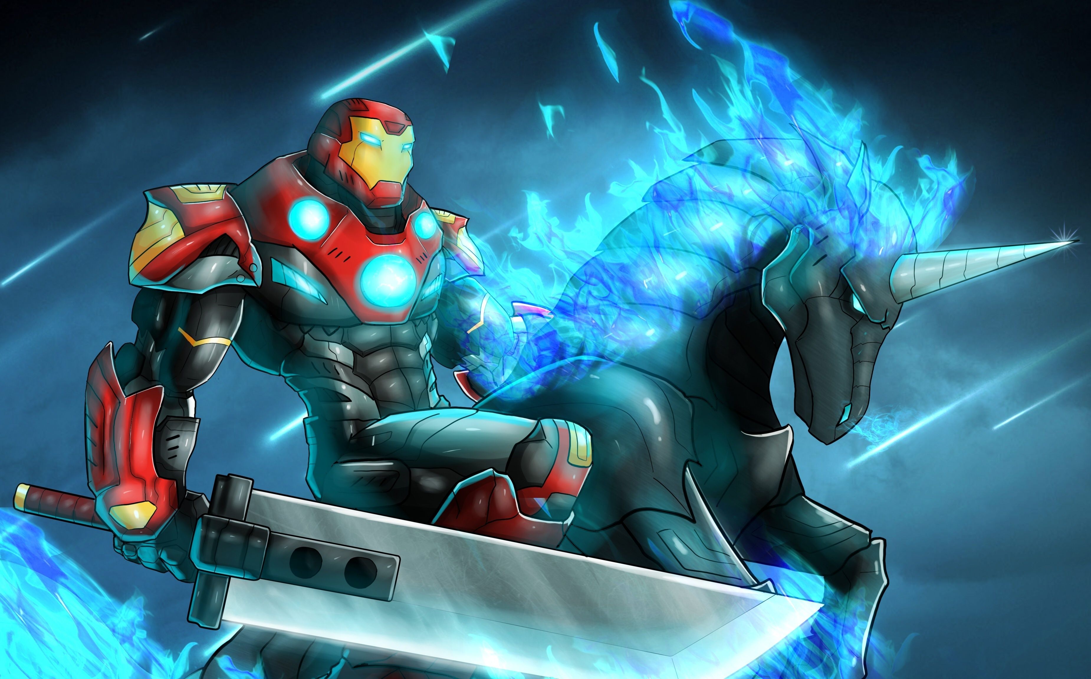 3700x2302 Wallpaper horse, sword, armor, Iron Man, fan art, Tony Stark for mobile and desktop, section фантастика, resolution 3700x2302