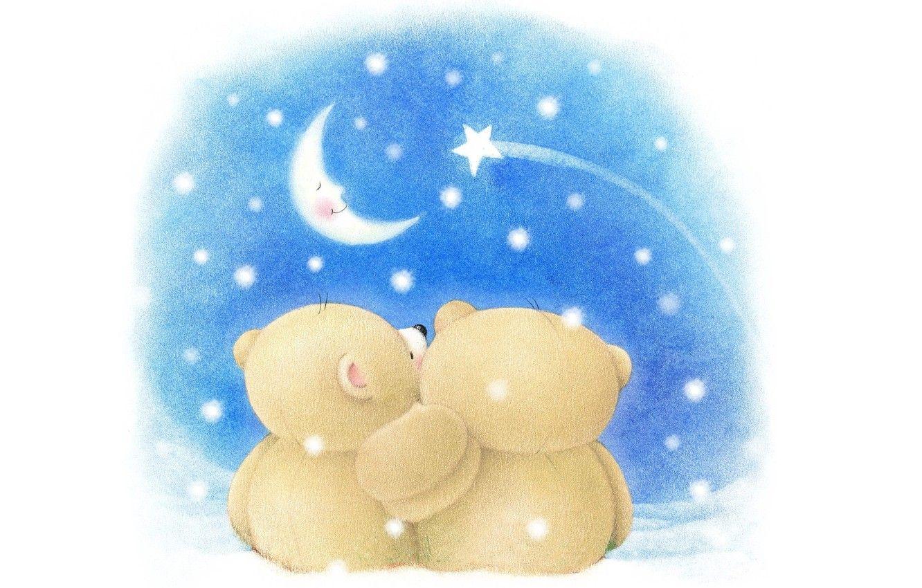 1332x850 Wallpaper winter, night, mood, the moon, romance, art, bear, pair