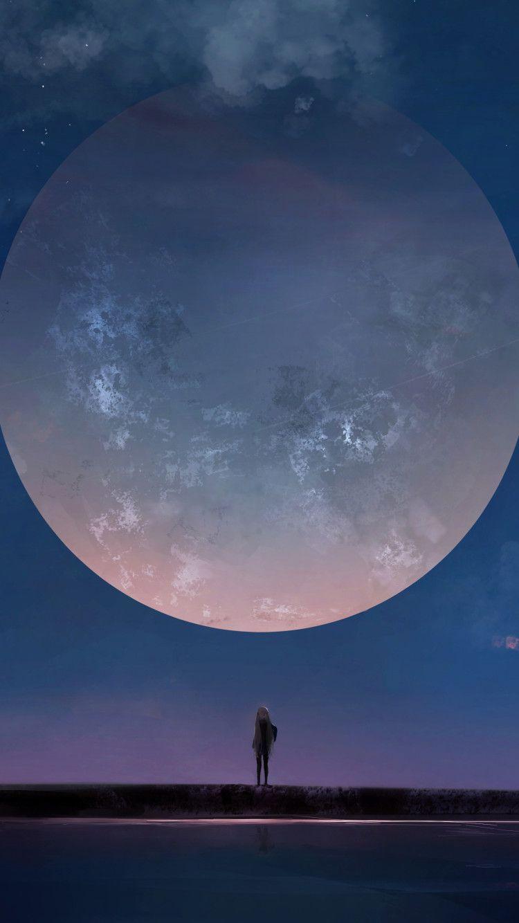 750x1334 Huge Moon Anime Girl Night Sky Stars iPhone iPhone 6S