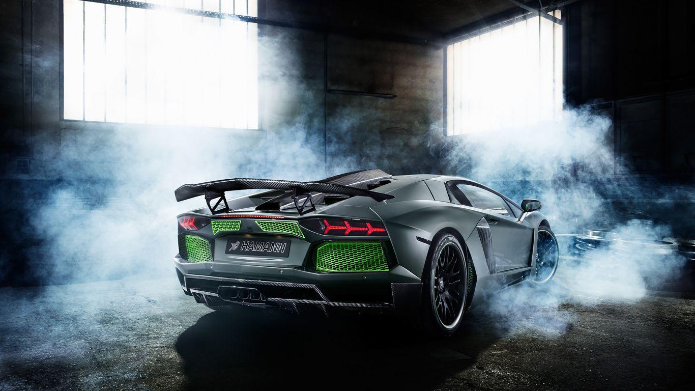 1366x768 Download Custom, smoke, rear view, Lamborghini Aventador wallpaper