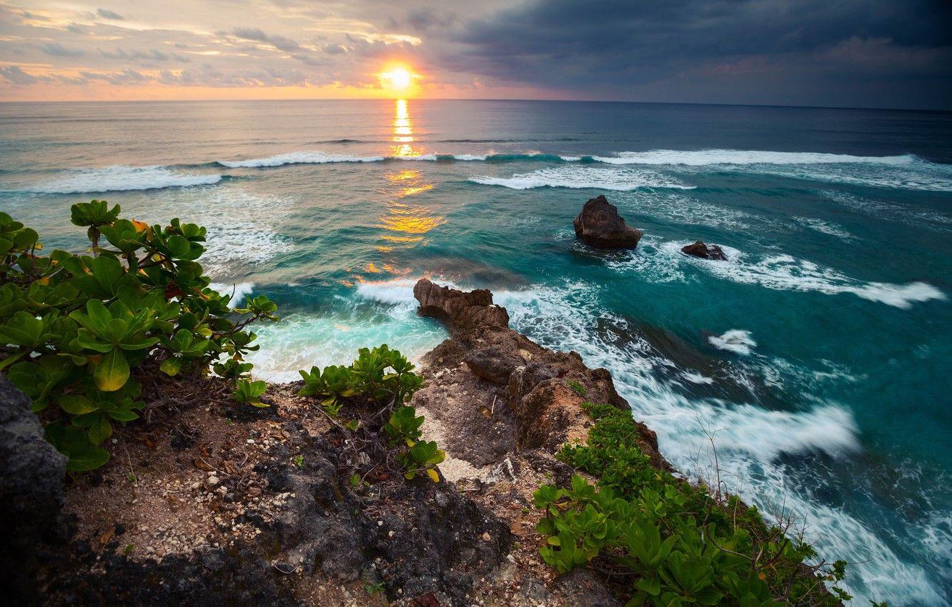 1332x850 Wallpaper wave, the sky, landscape, sunset, tropics, the ocean, rocks, stay, coast, blur, Bali, Indonesia, summer, nature, island, bokeh image for desktop, section пейзажи