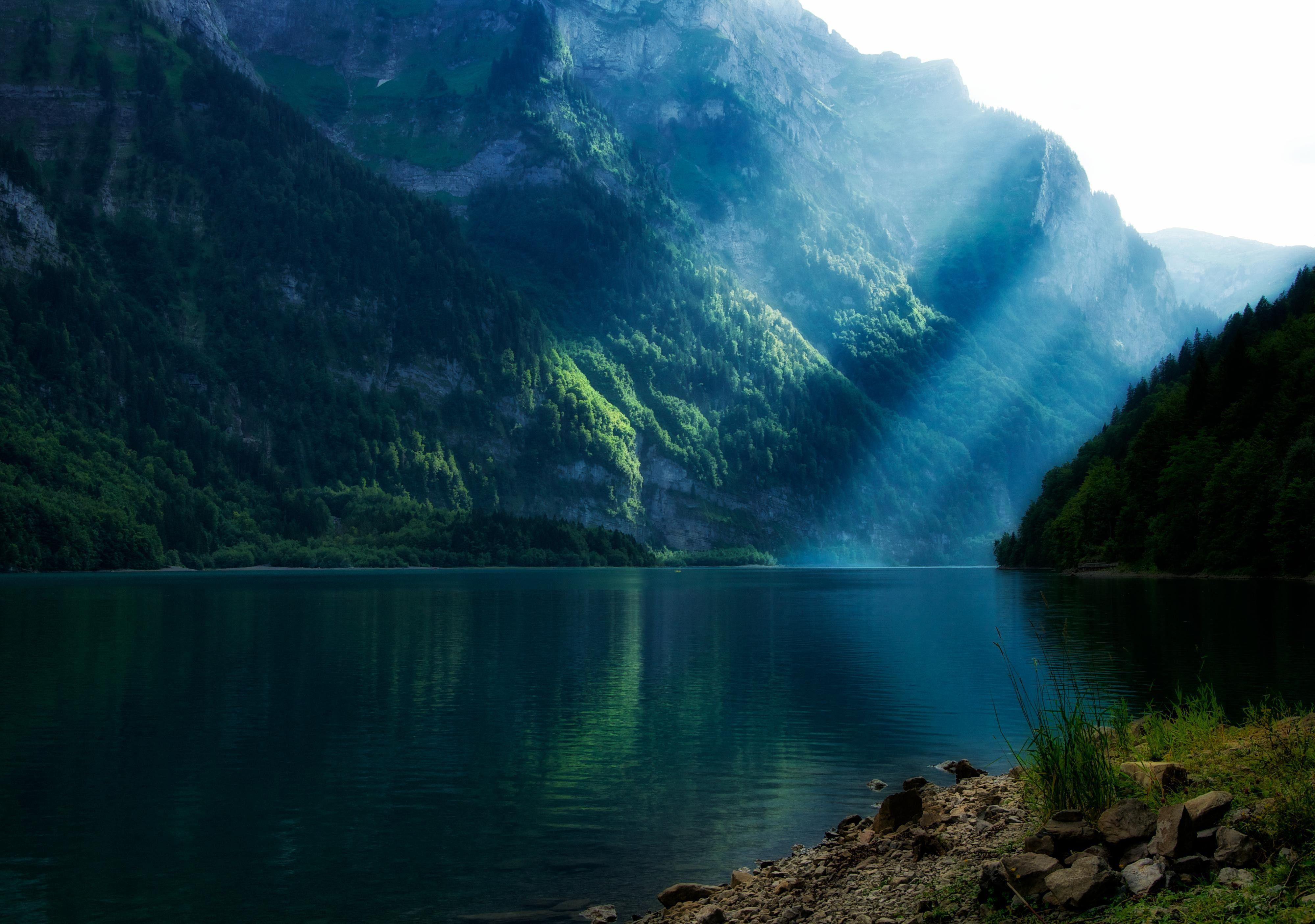 3999x2811 mountains, landscapes, sunlight, lakes, sunray wallpaper