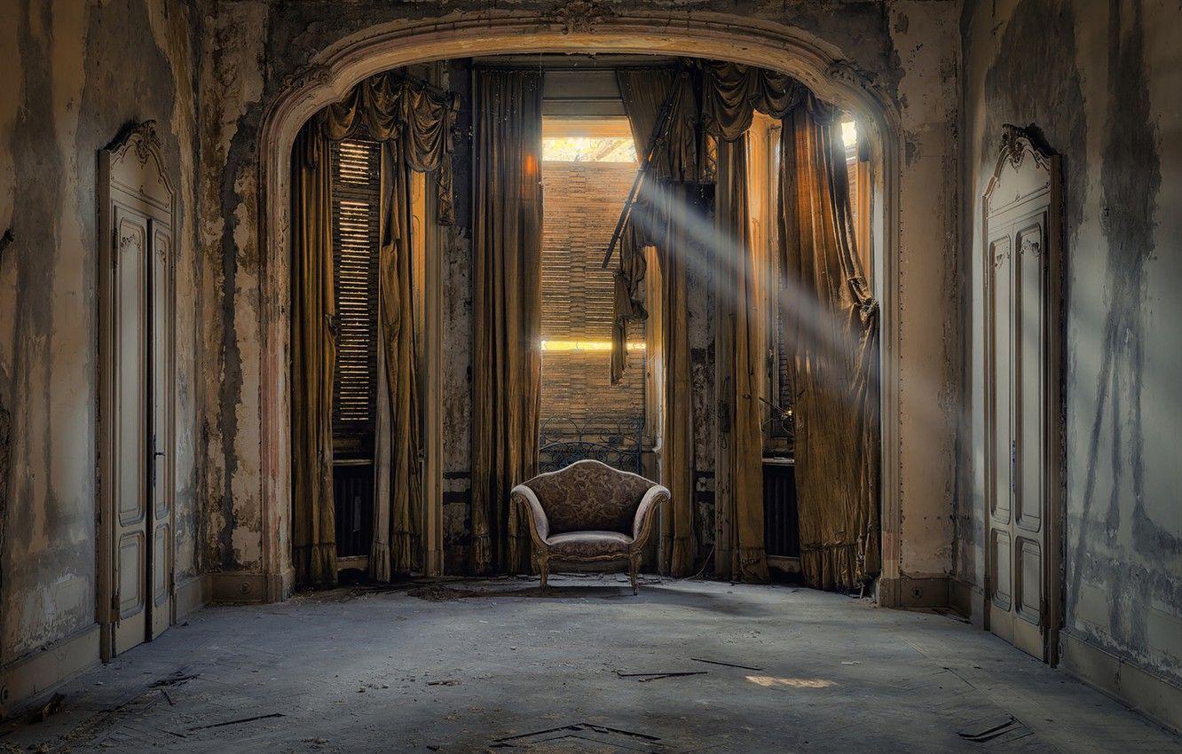 1332x850 Wallpaper room, sunlight, armchair, abandoned, decay, sunray