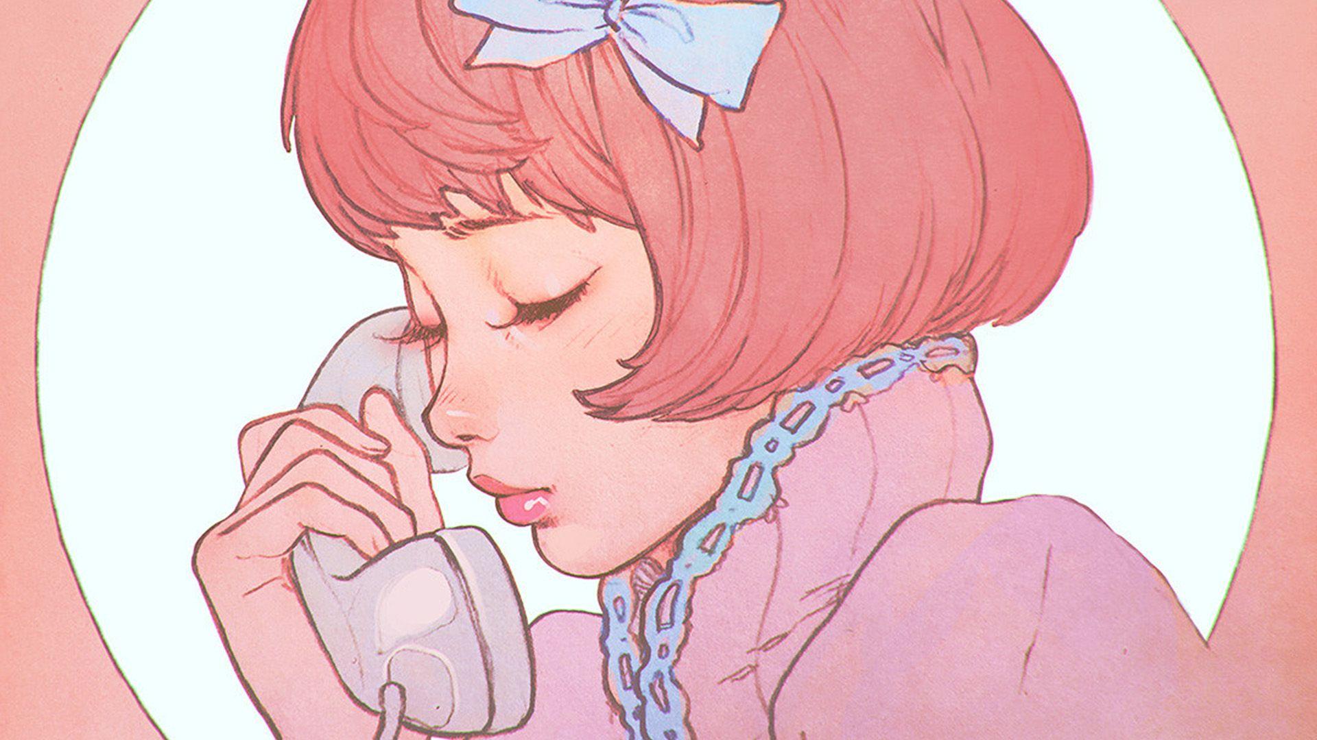 1920x1080 Pink Phone Girl Cute Anime Drawing Art Ilya Wallpaper