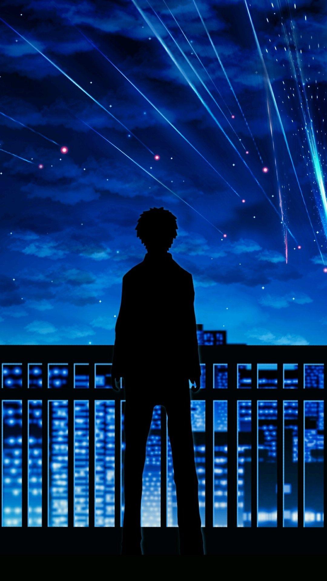 1080x1920 Wallpaper Your Name, meteor, boy, silhouette, fence, bike