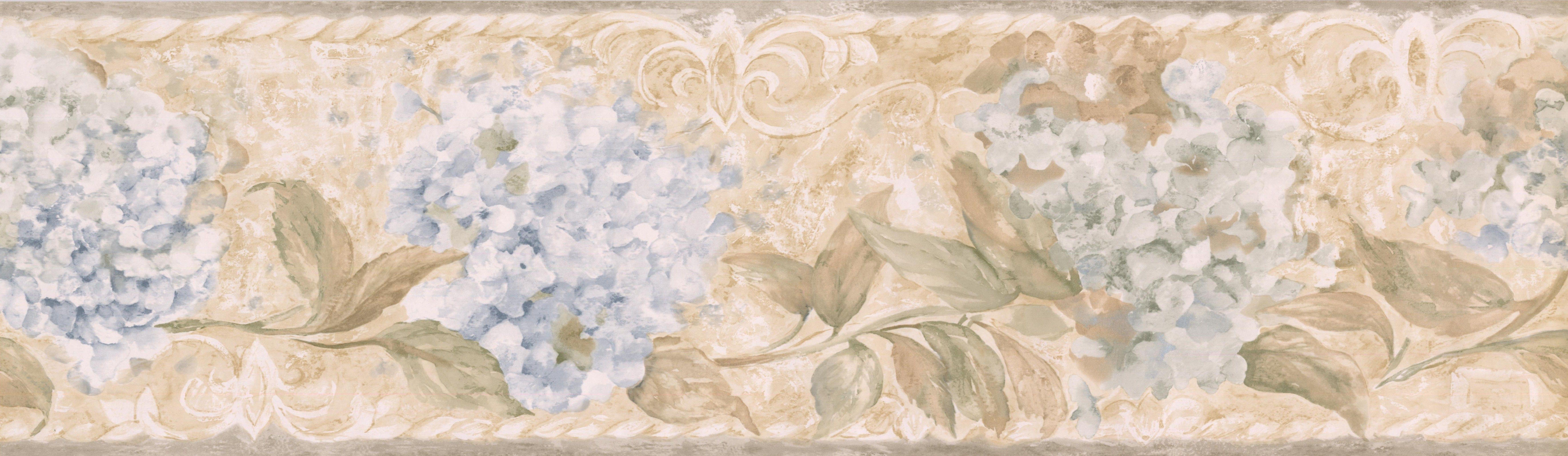 7055x2056 White Flowers on Vine Beige Rustic Wallpaper Border Retro Design