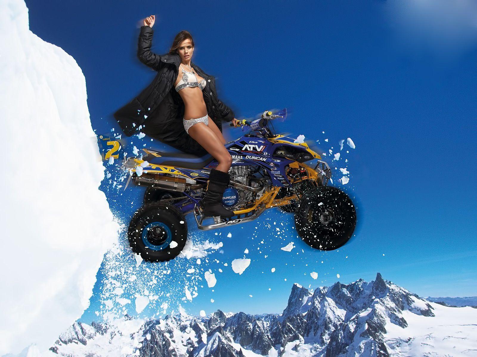 1600x1200 Wallpaper atv, samantha harris, model, yamaha banshee yamaha banshee, yamaha, duncan racing international, snow, mountains desktop wallpaper Motorcycles
