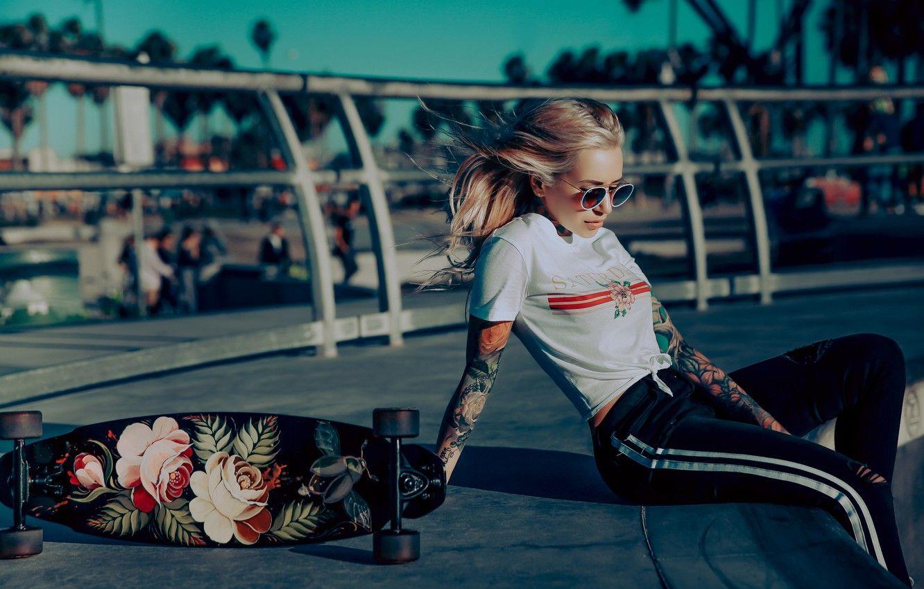1332x850 Wallpaper girl, pose, tattoo, glasses, skateboard, Igor Malakhov