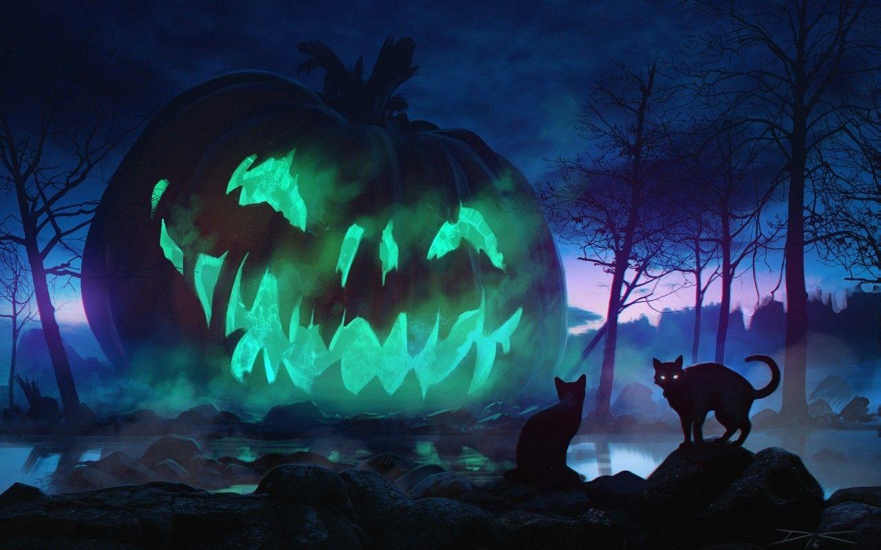 1280x800 Download 1280x800 Halloween, Giant Pumpkin, Scary, Cats, Dark