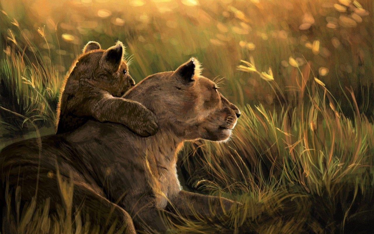 1280x800 Download 1280x800 Lion, Cub, Family, Artwork, Predator, Wildlife