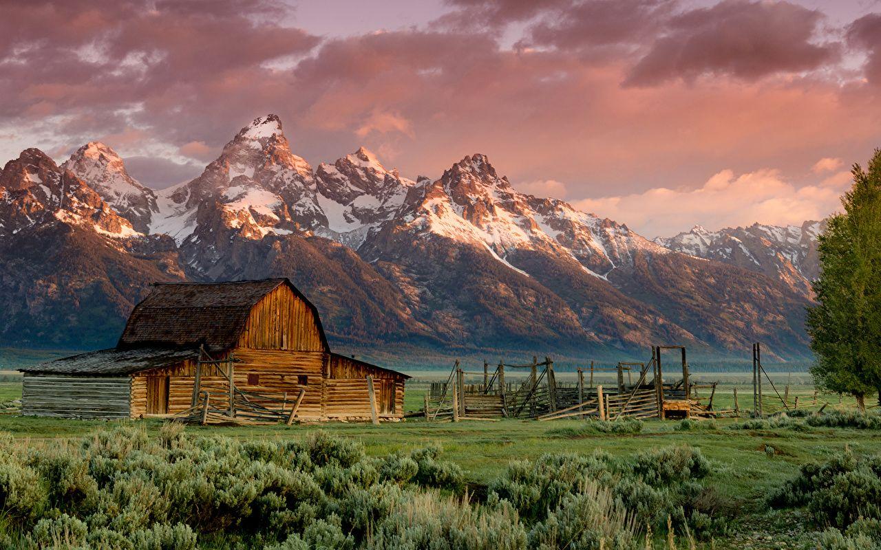 1280x800 Photos USA Wyoming barn teton Nature Mountains Scenery Sunrises and