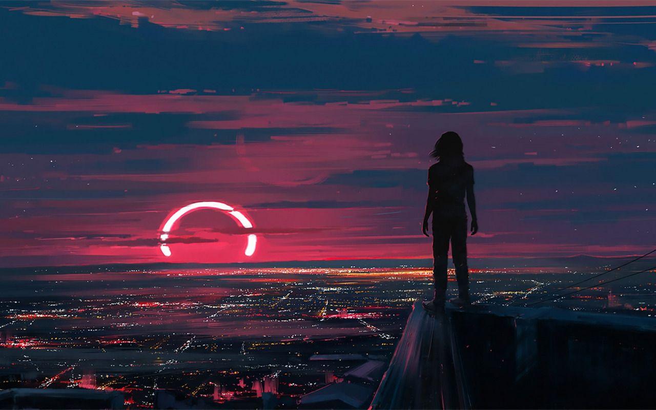 1280x800 Download wallpaper Sunset, Figure, The city, People, Art, Lunar