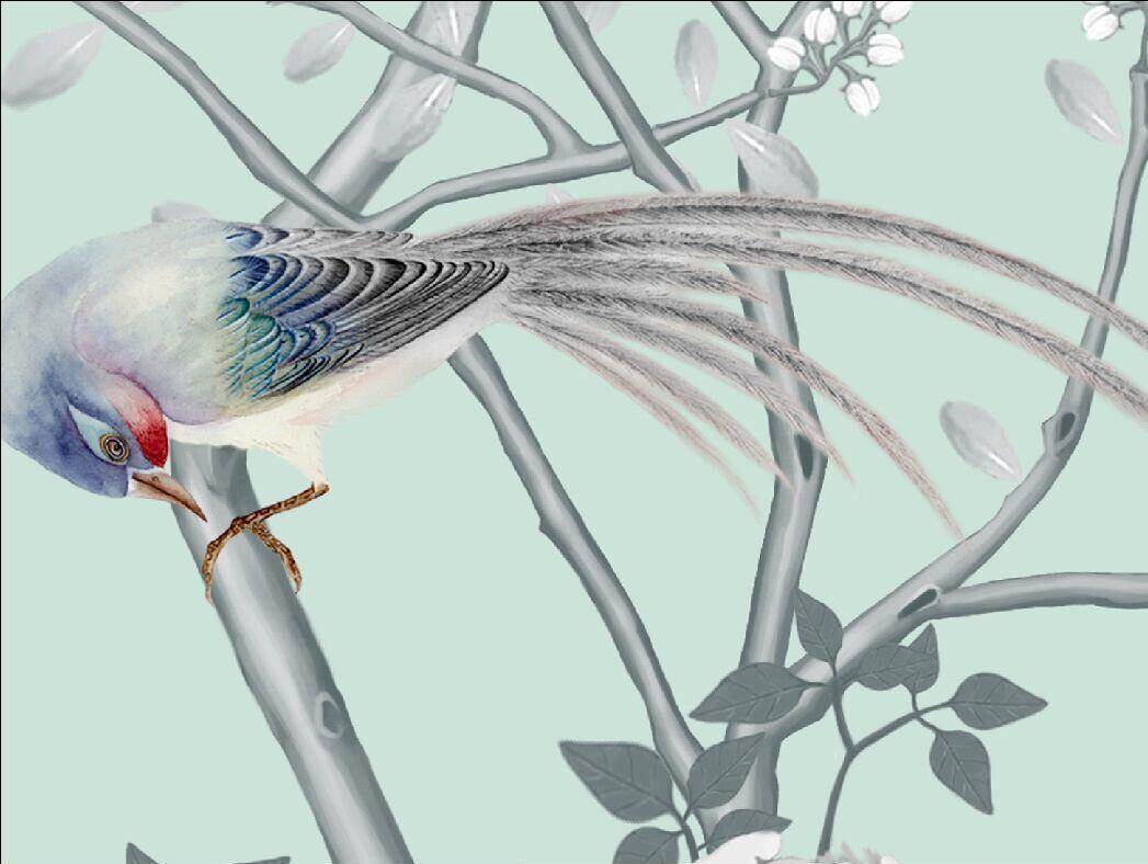 1047x788 Chinoiserie Wallpaper Oriental Trees Flowering Branch Exotic Birds