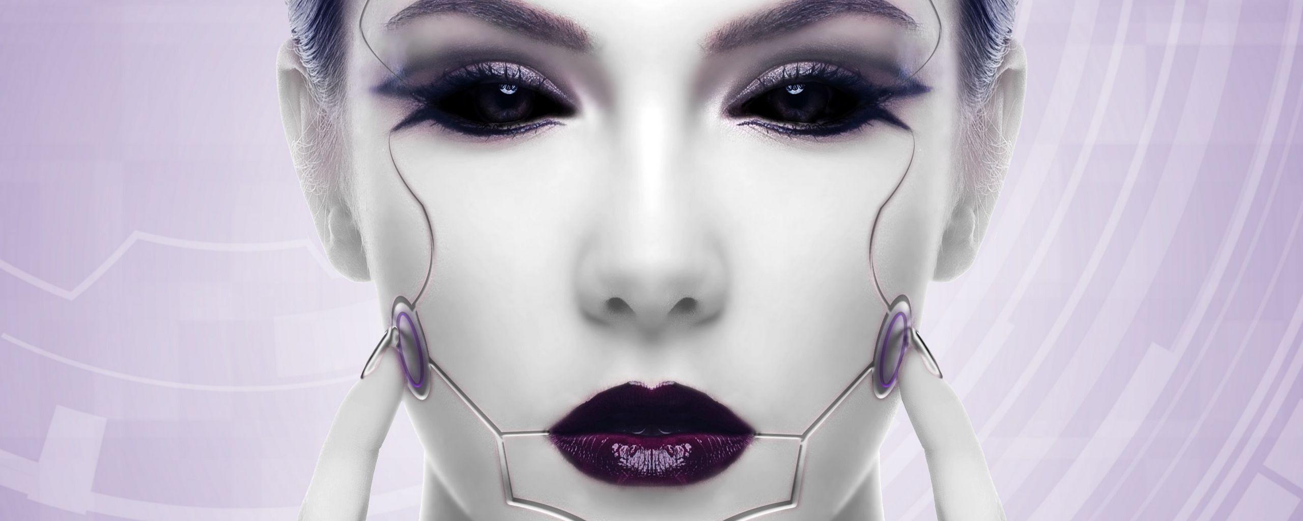 2560x1024 Download wallpaper 2560x1024 cyborg, robot, girl, face, futurism
