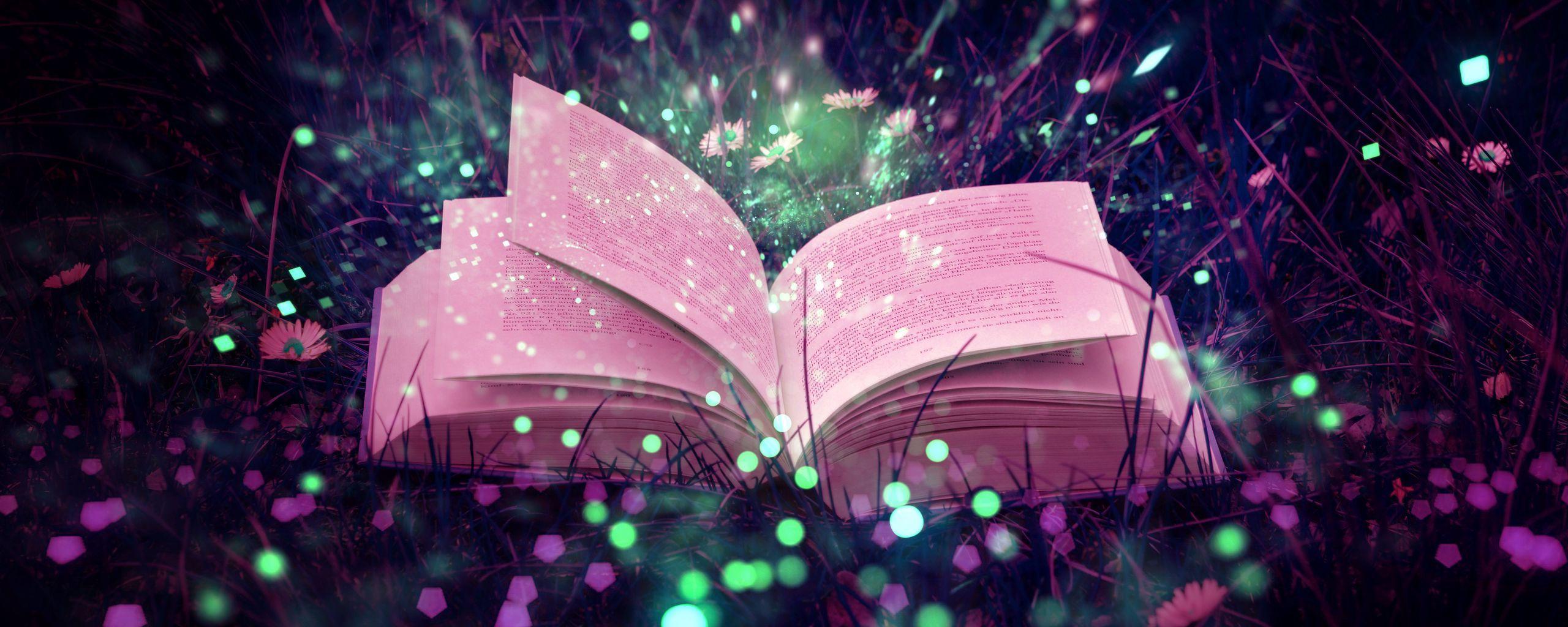 2560x1024 Download wallpaper 2560x1024 book, glare, sparkles, grass, magic