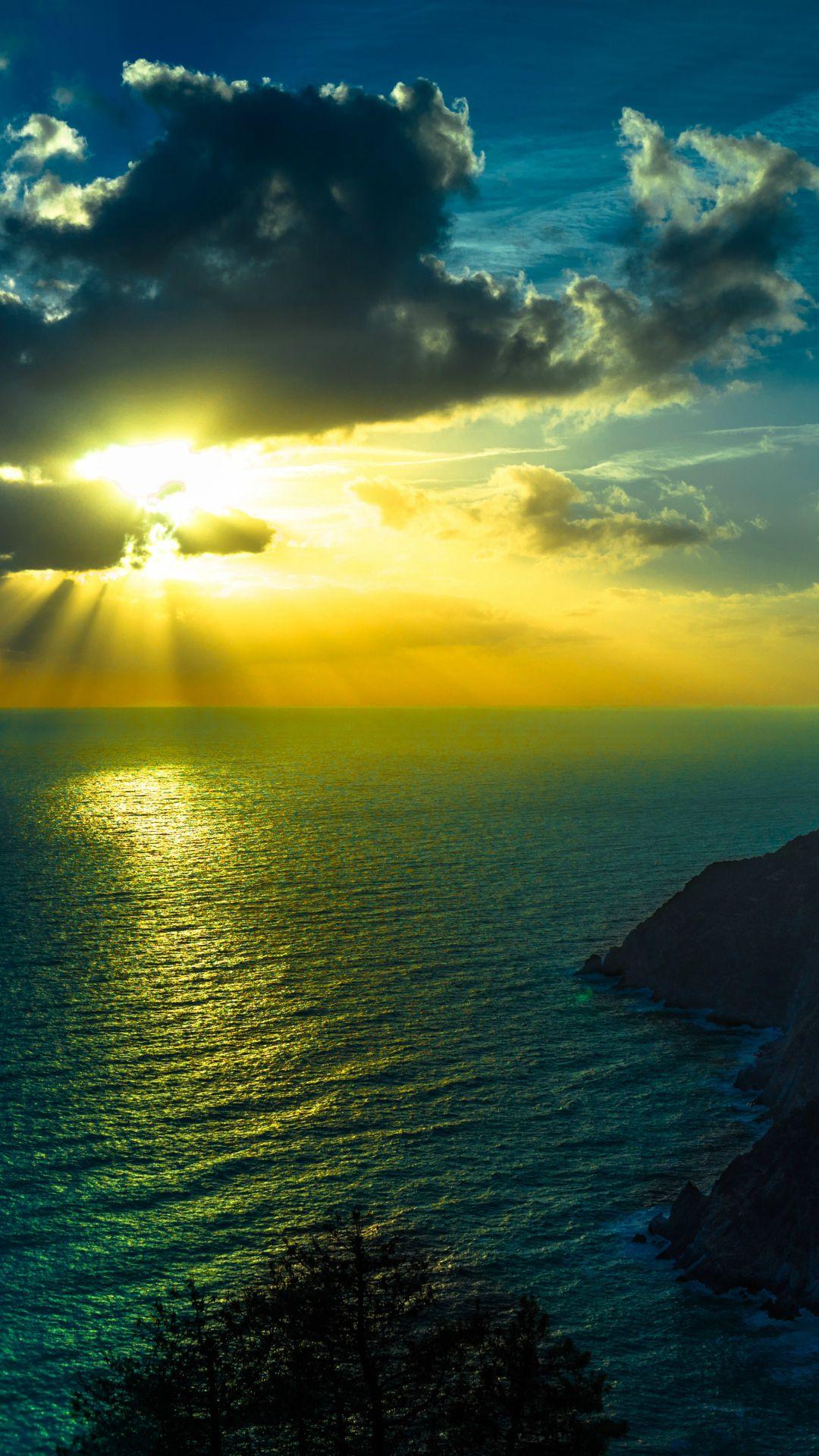 1080x1920 Mountains Sea Ocean Golden Sunshine Clouds Night iPhone 8