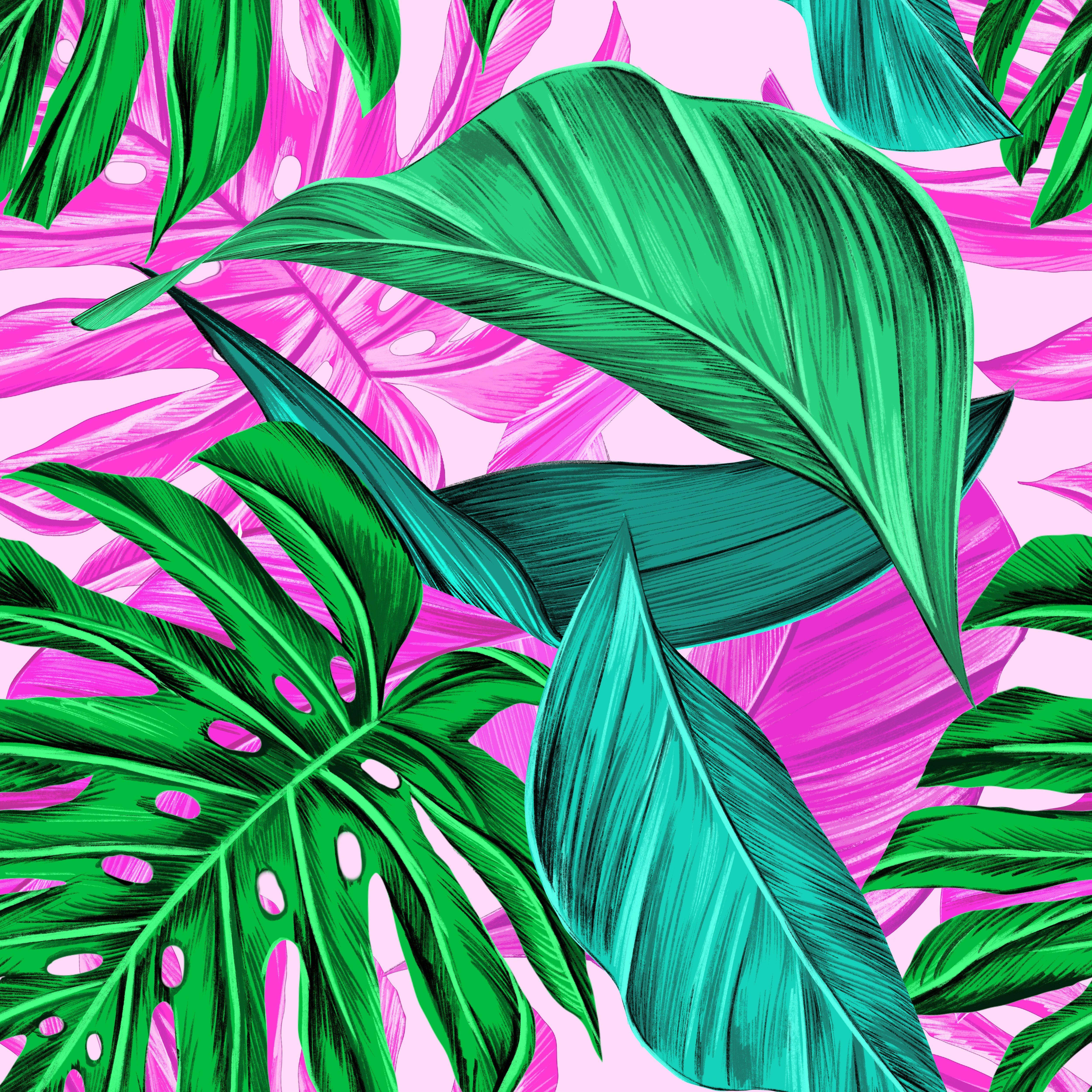 5000x5000 Wallpaper Leaves, Pattern, Bright, Tropical Background