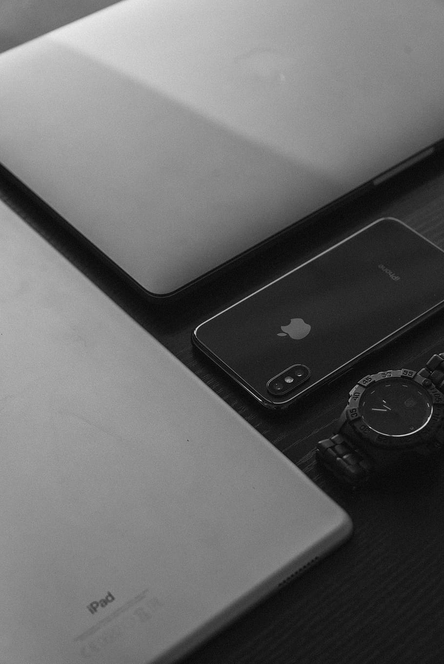 910x1362 HD wallpaper: silver Apple MacBook, silver iPad, space gray iPhone X, and black analog watch