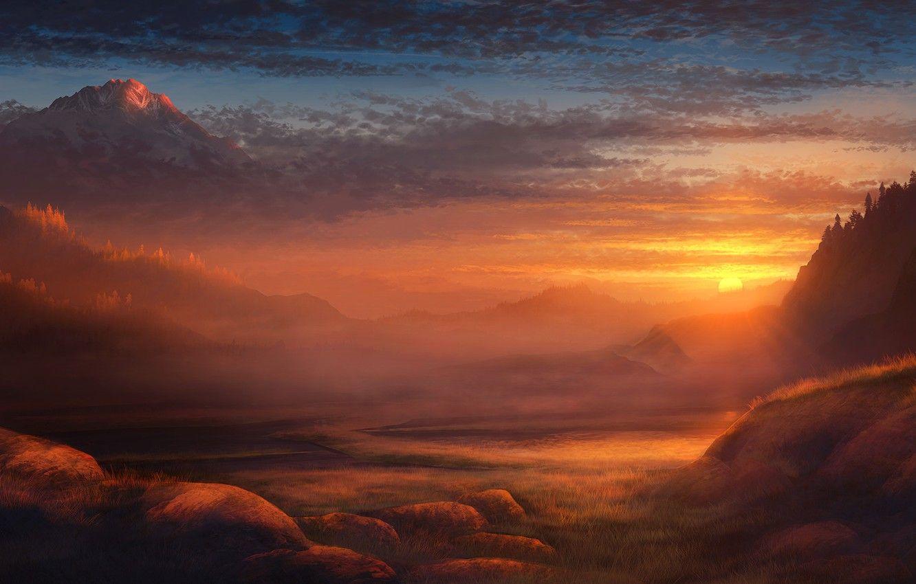 1332x850 Wallpaper Sunset, Clouds, Mountains, Sunrise, Lake, Mountain