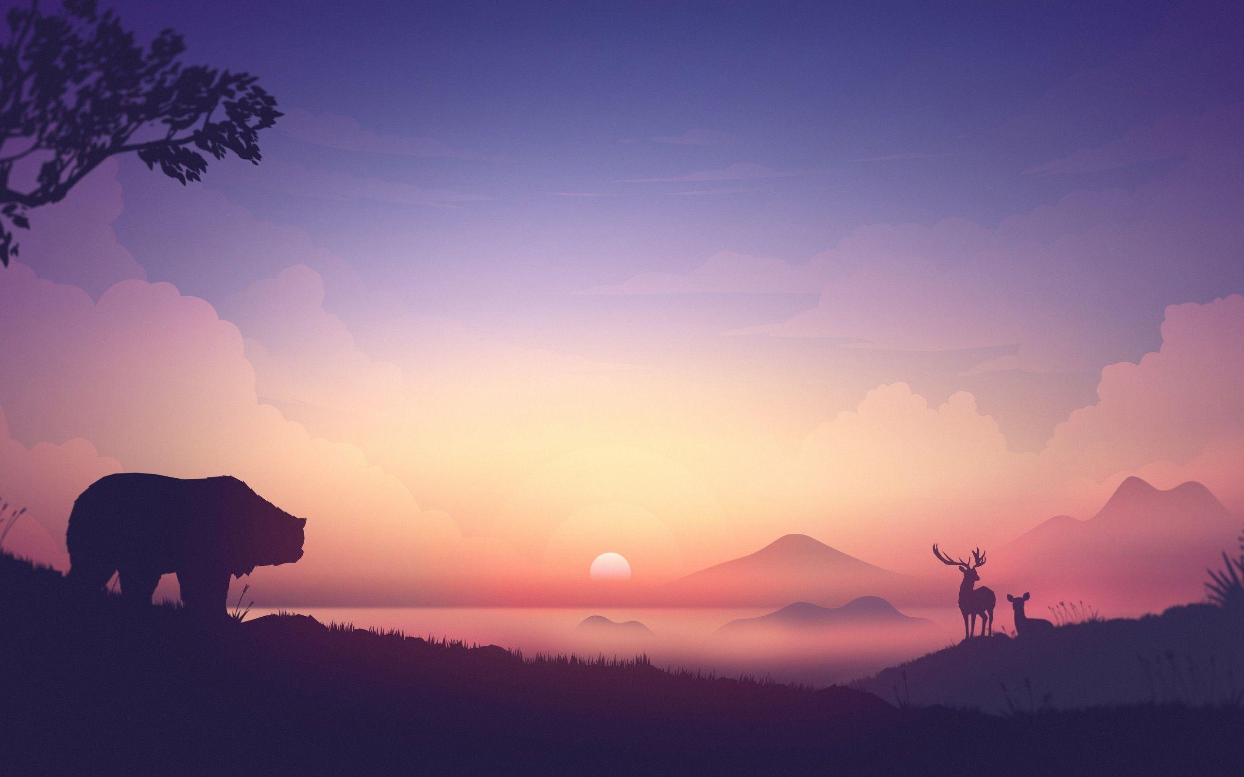 2560x1600 Download 2560x1600 Bear, Deers, Minimalistic, Sunrise, Landscape