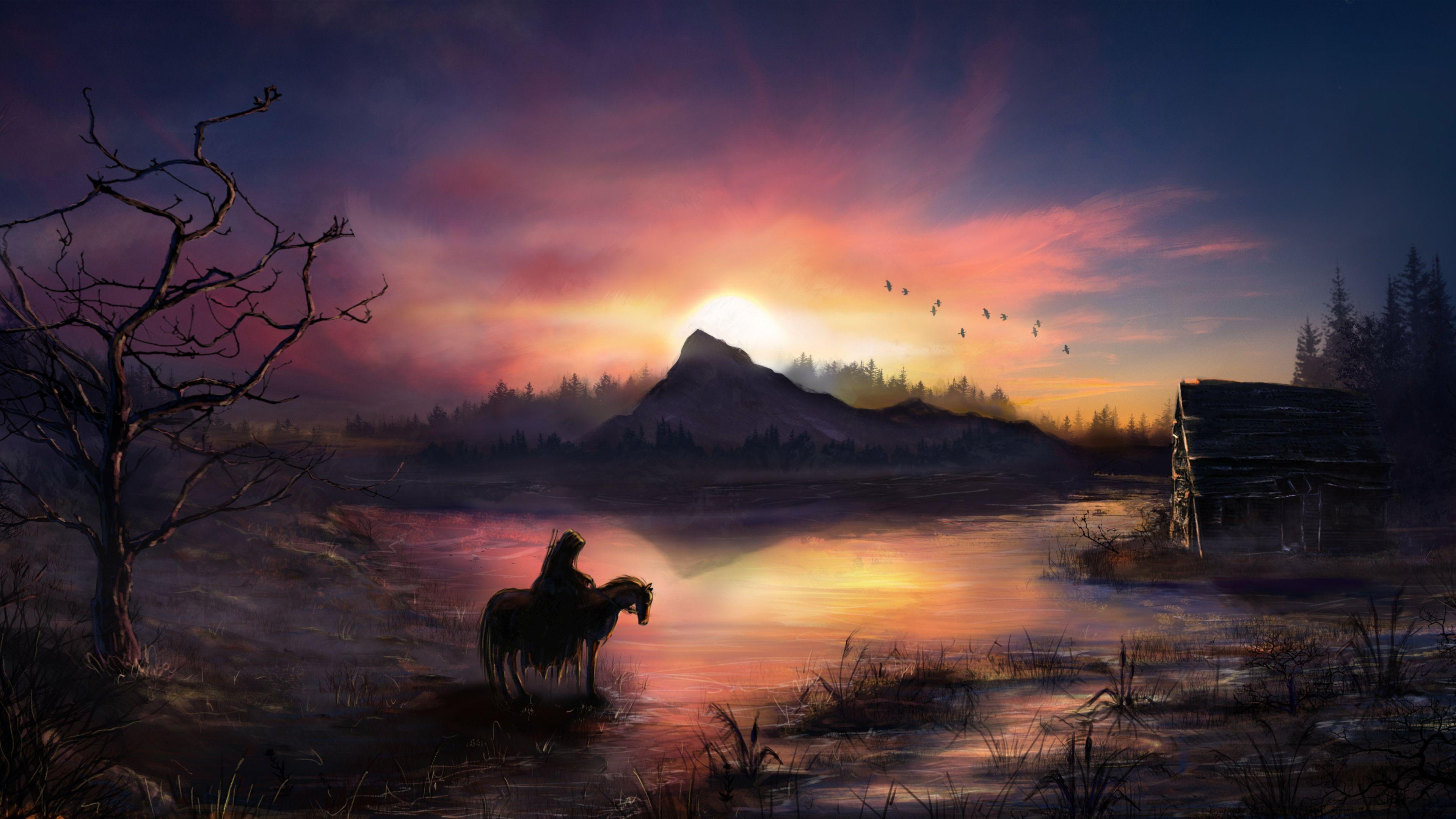 3840x2160 Wallpaper 4k Warrior Horse Birds Flying Sunrise Landscape View 4k