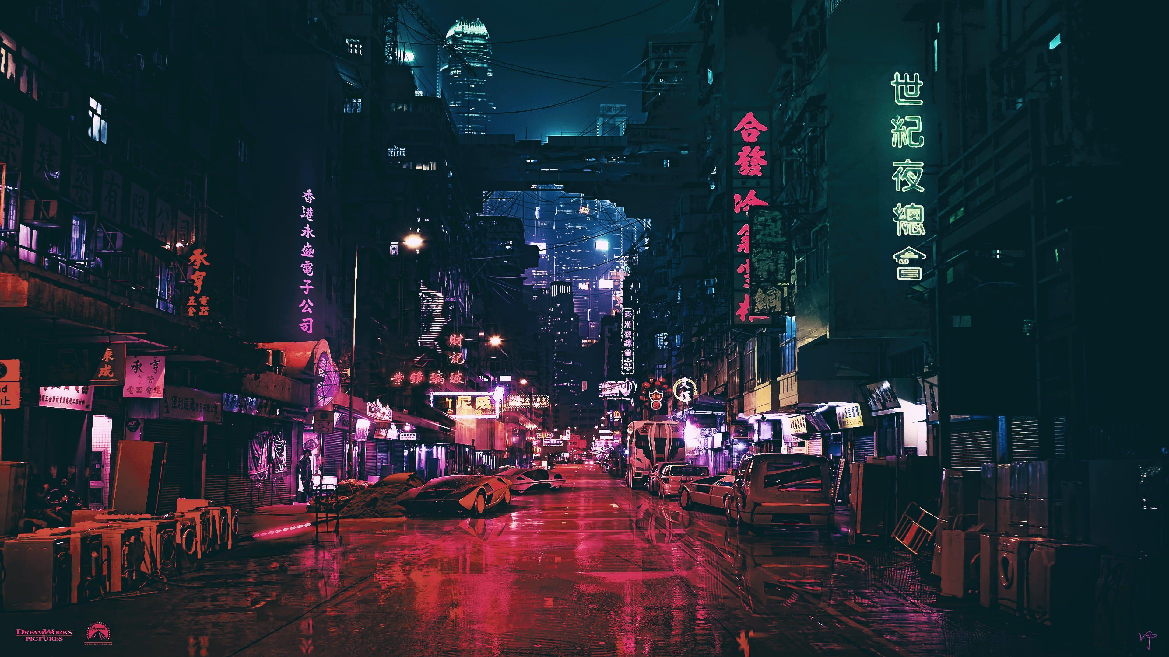 Biển báo màu đen có kích thước 3840x2160, đường thành phố có đèn chiếu sáng và xe hơi # ban đêm # công trình thành phố tương lai # xe đạp côn # khoa học viễn tưởng.  Hình nền thành phố, Thành phố tương lai, Thành phố Cyberpunk