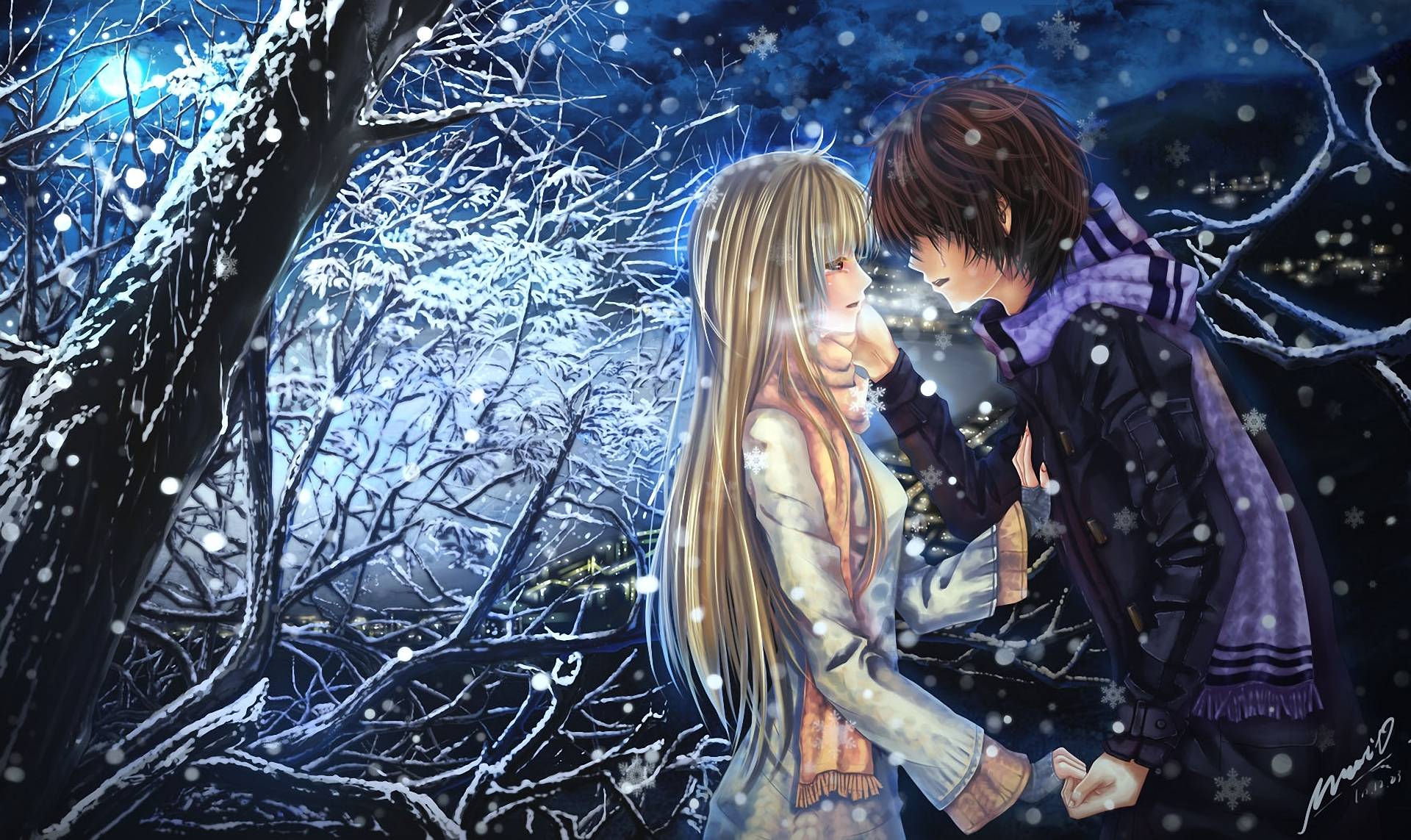 1920x1143 Cặp đôi hôn nhau trong ánh trăng Mùa đông gỗ Tác phẩm nghệ thuật