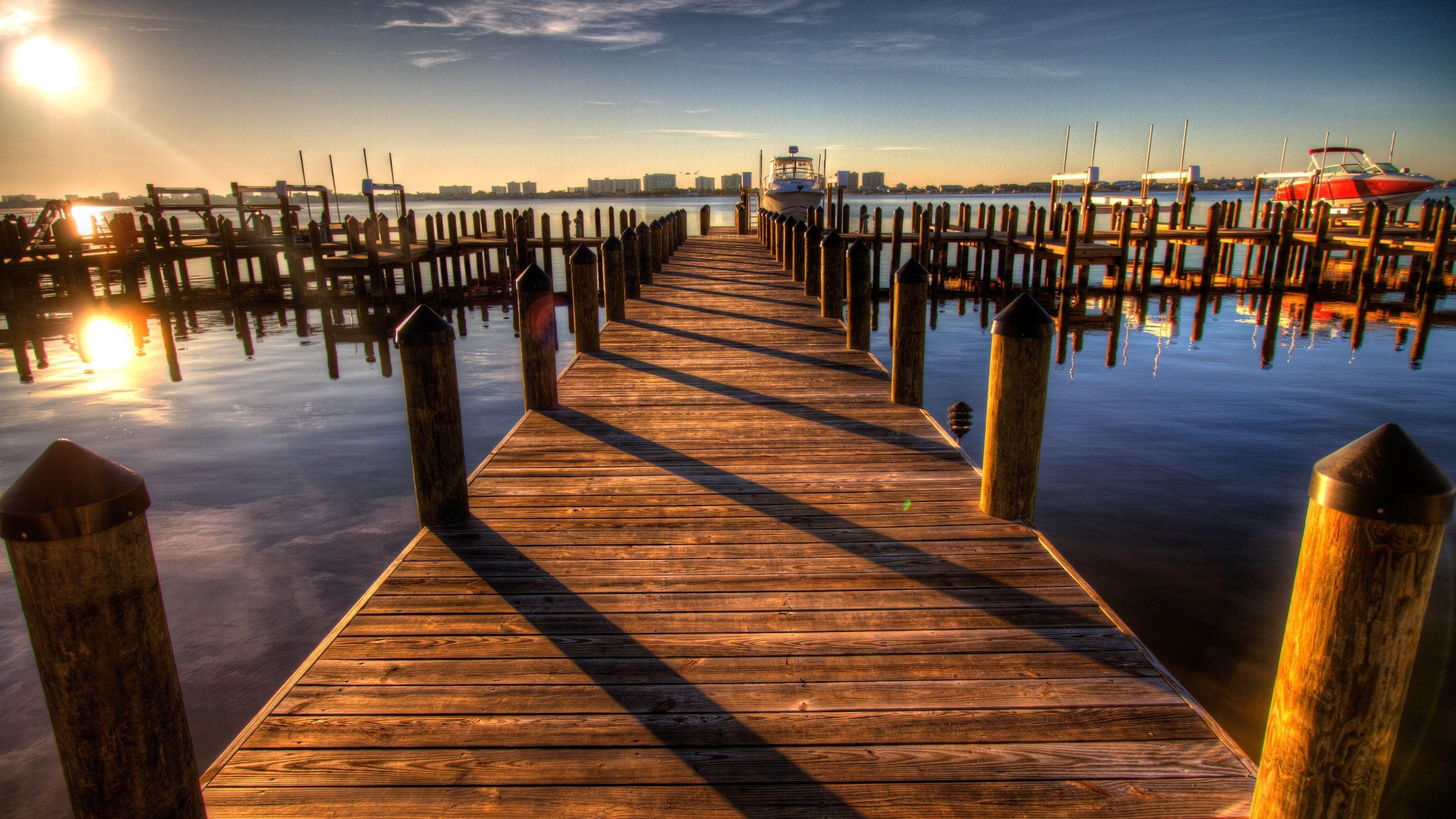 3840x2160 Wallpaper : sunlight, sunset, sea, night, reflection, sky, wood