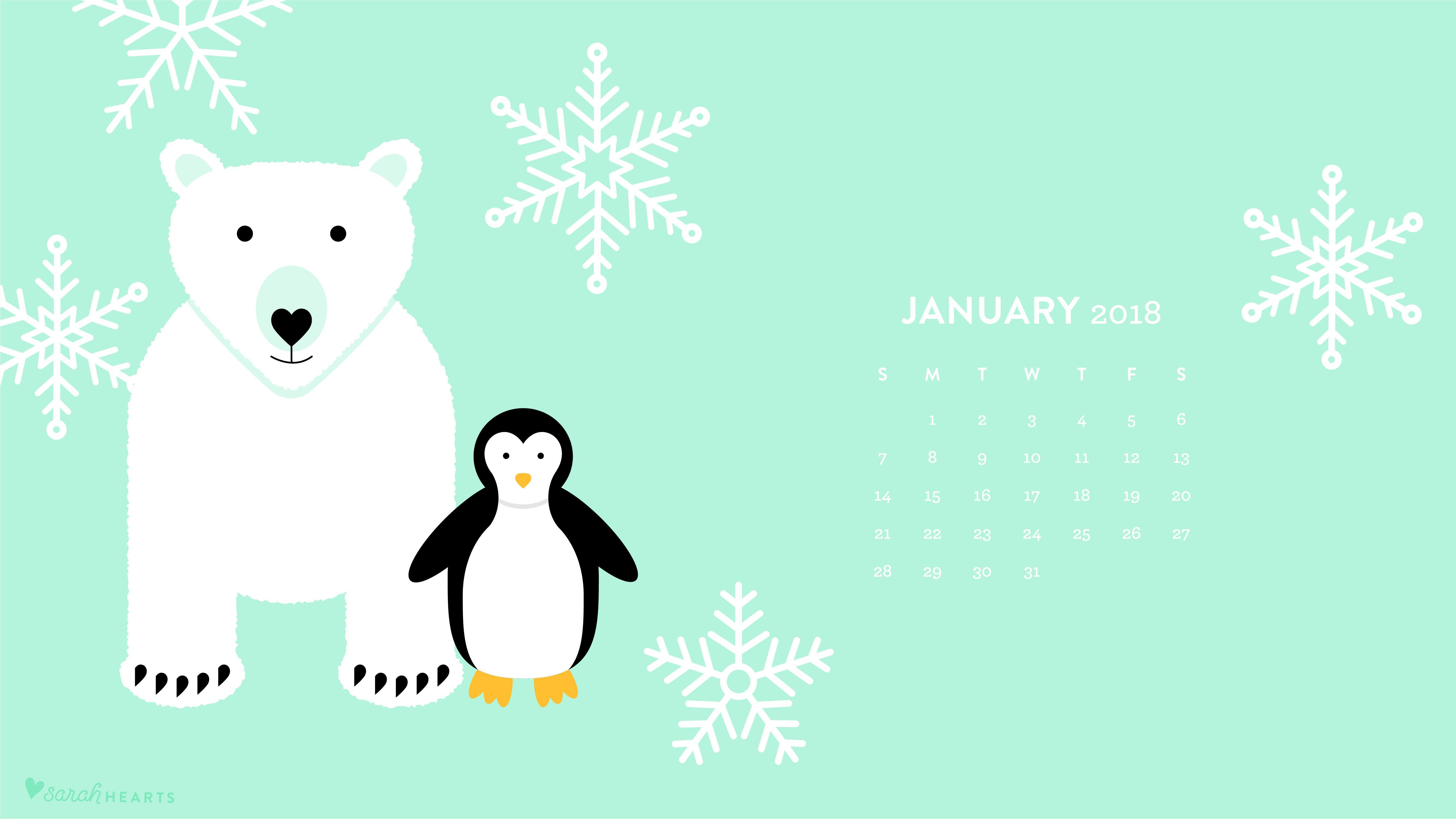 5334x3001 Polar Bear and Penguin January 2018 Calendar Wallpaper