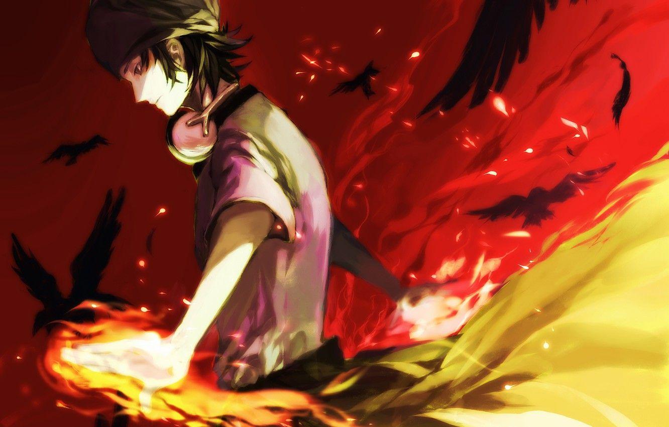 1332x850 Wallpaper birds, fire, magic, anime, feathers, headphones, art