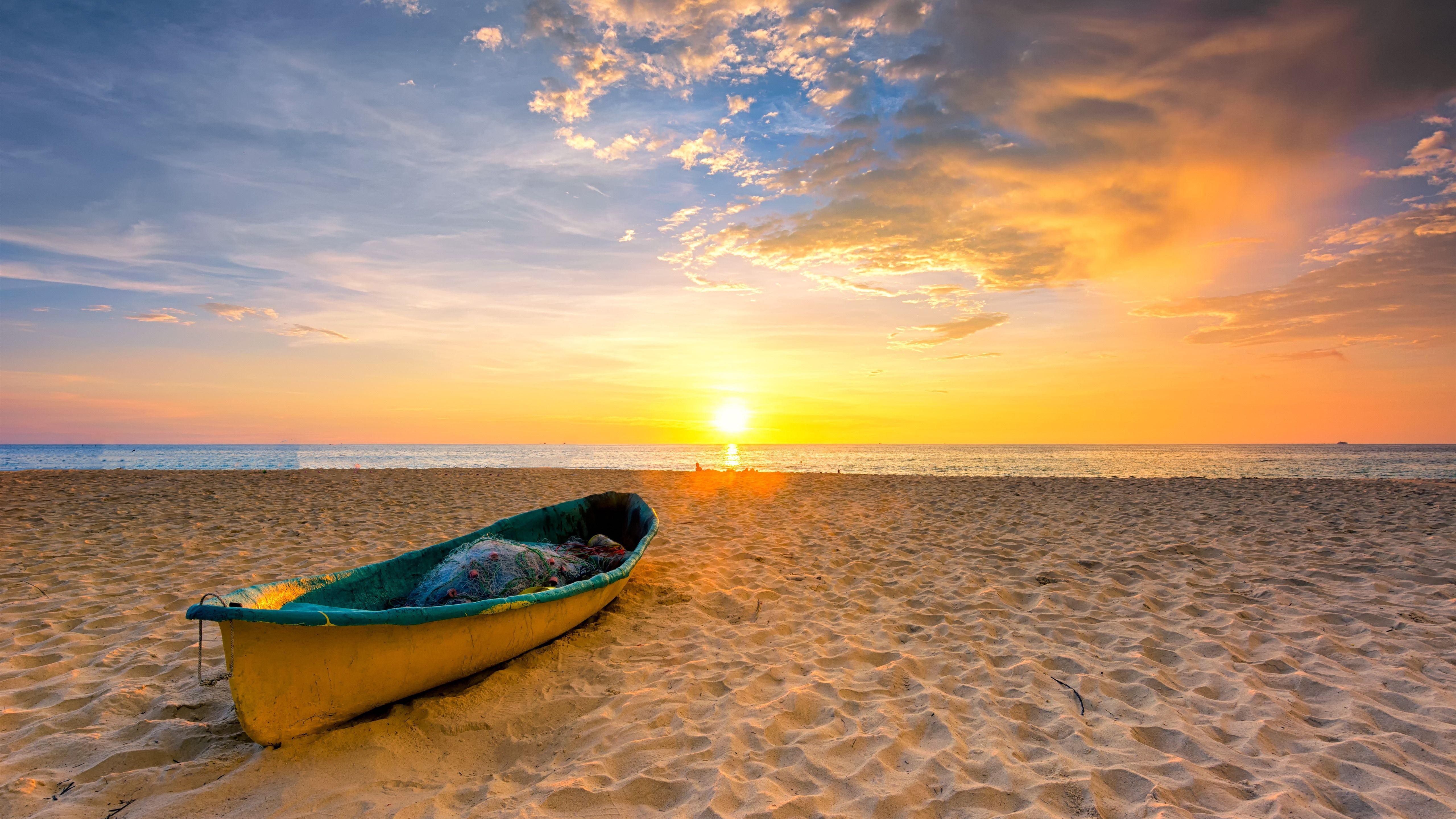 5120x2880 Wallpaper Beach, sands, boat, sea, sunset 5120x2880 UHD 5K Picture