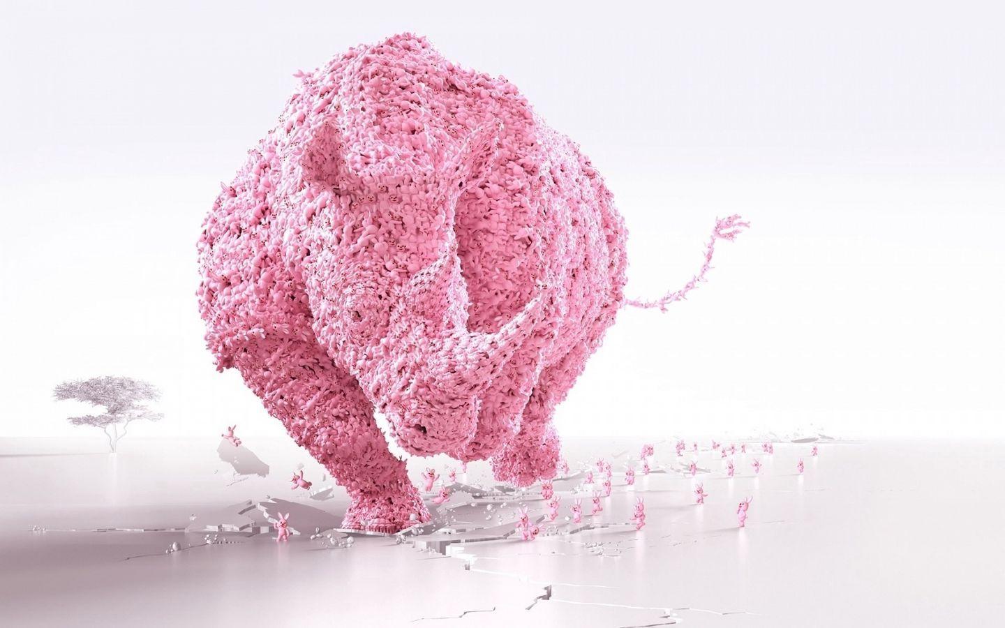 1440x900 Download wallpaper 1440x900 pink, rhino, wood, rhinoceros, runs