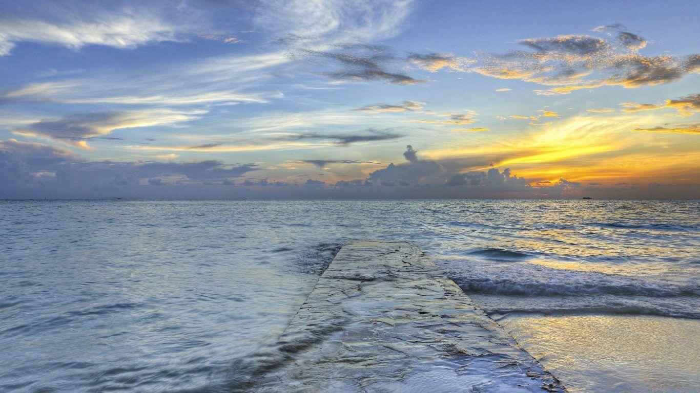 1366x768 Beaches Walk Trees Sky Beach Boardwalk Wallpaper Ios 7 Beaches