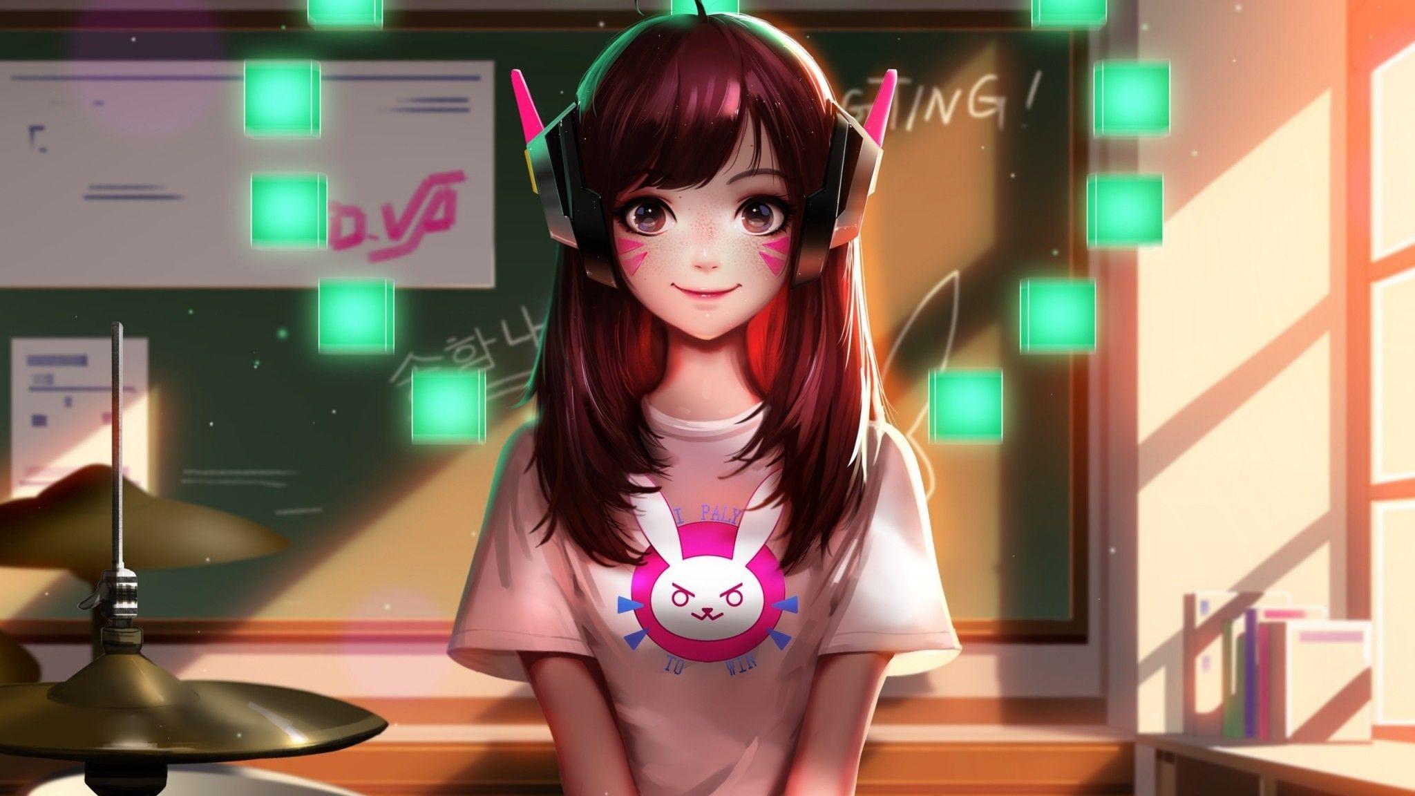 2048x1152 Download 2048x1152 Overwatch, D.va, Smiling, Headphones, Cute