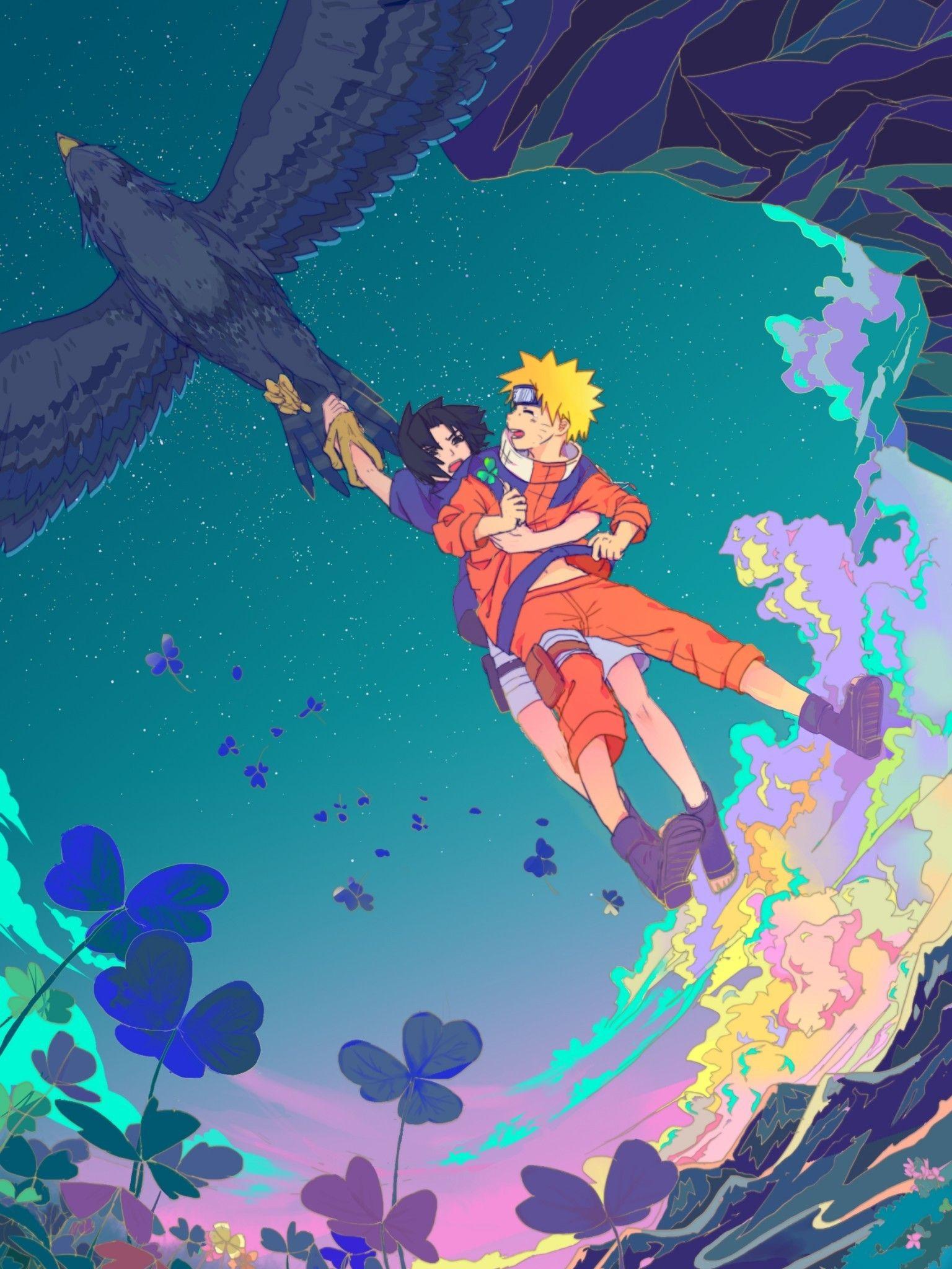 1536x2048 Download 1536x2048 Naruto X Sasuke, Bird, Flowers, Stars