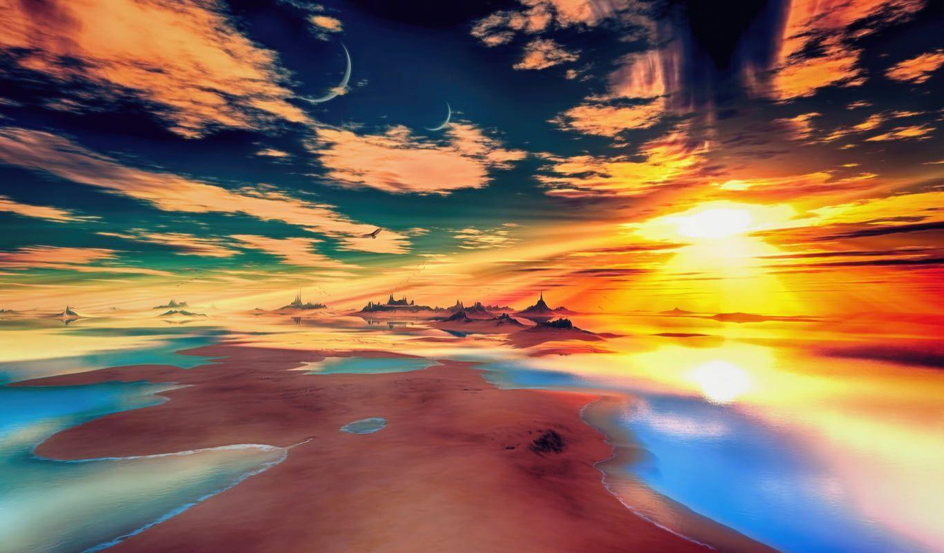 1366x800 Lake under cloudy sky painting, nature, sunset, landscape, clouds