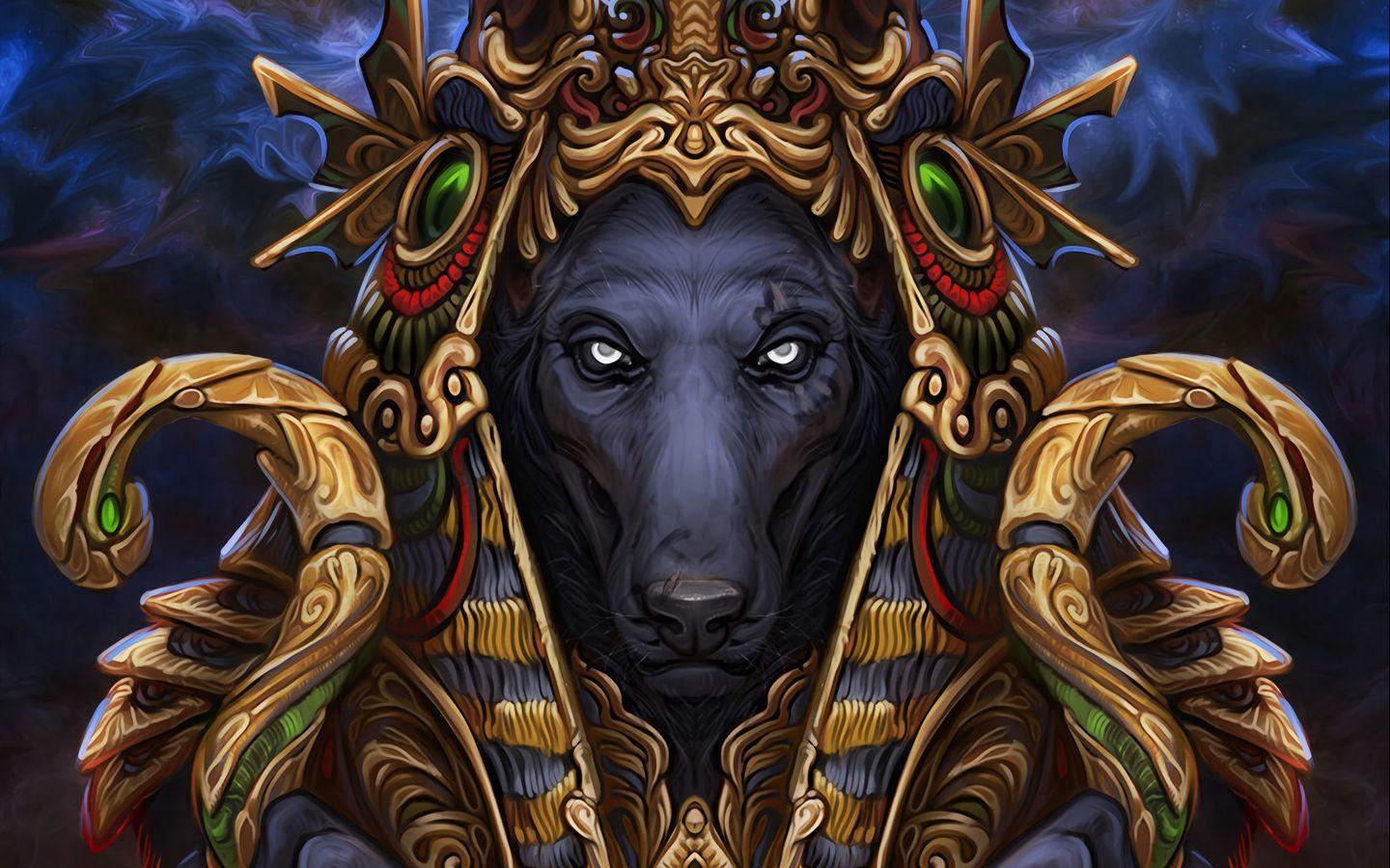 1440x900 Download wallpaper 1440x900 wolf, pharaoh, art, deity, mythical
