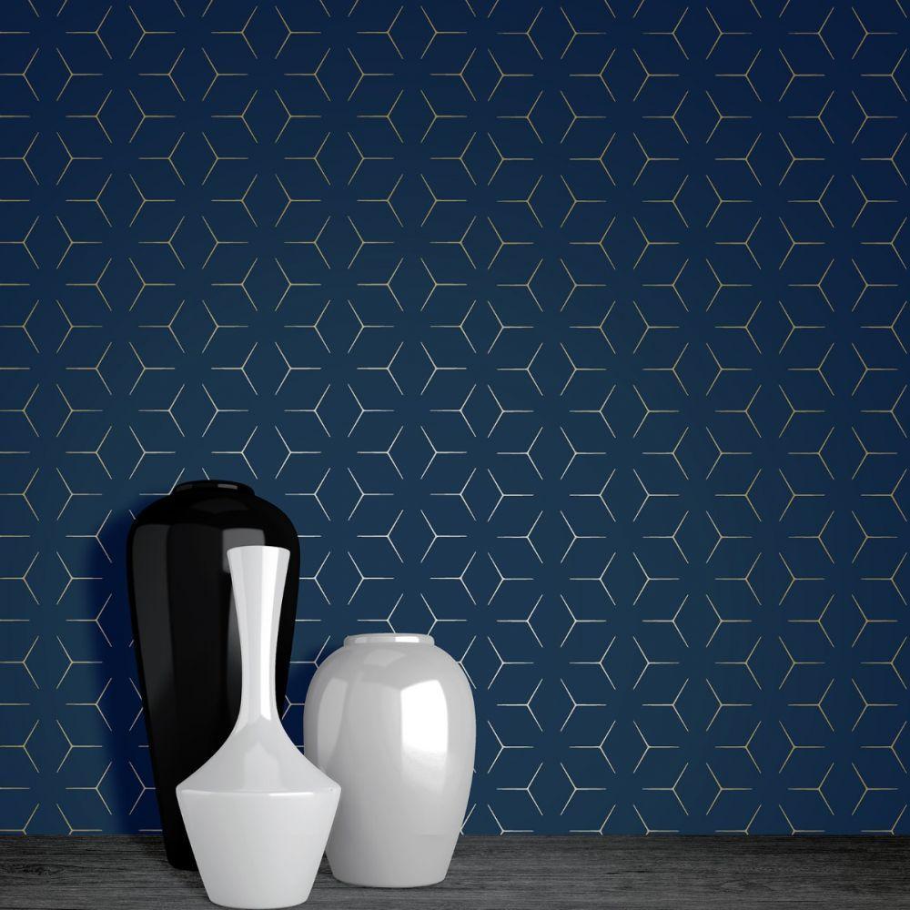 1000x1000 Metro Illusion Geometric Wallpaper Blue and Gold