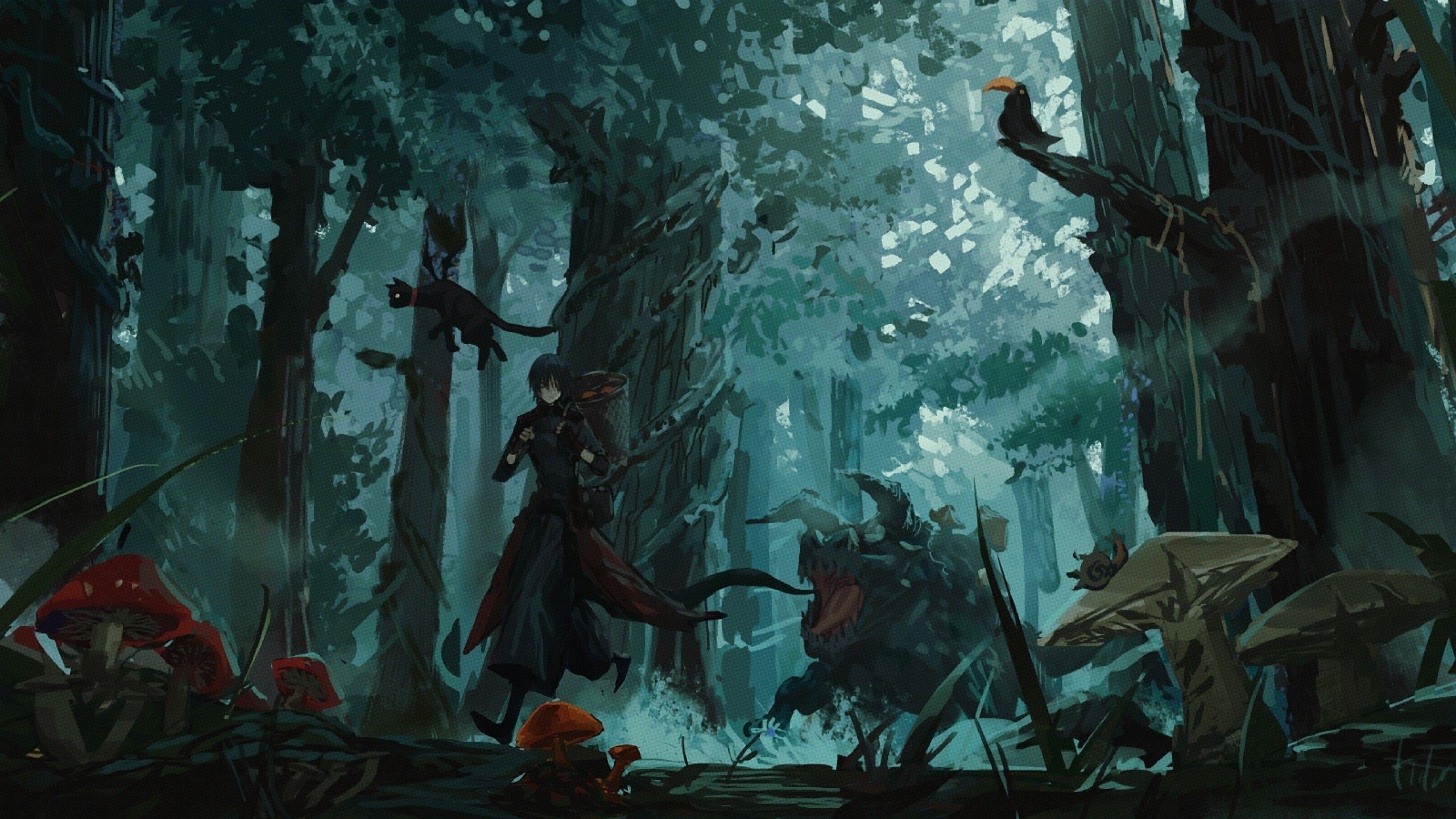 2560x1440 Download 2560x1440 Anime Boy, Running From Monsters, Forest, Trees